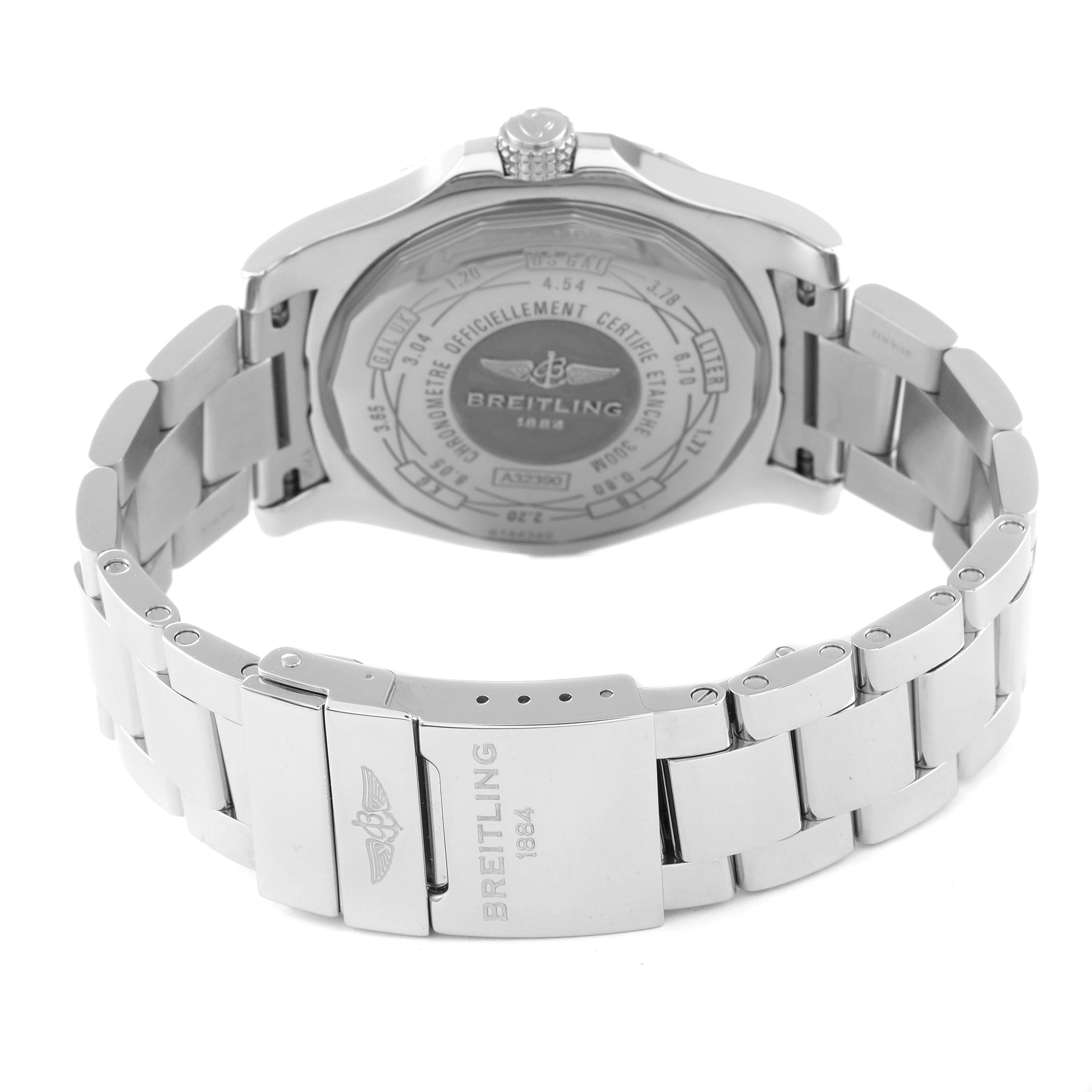 This image shows the back view of a Breitling Avenger A3239011-C872-170A Men's Stainless Steel Mother of Pearl Dial A3239011-C872-170A Men's Stainless Steel Mother of Pearl Dial watch, highlighting the case back and bracelet with the clasp.