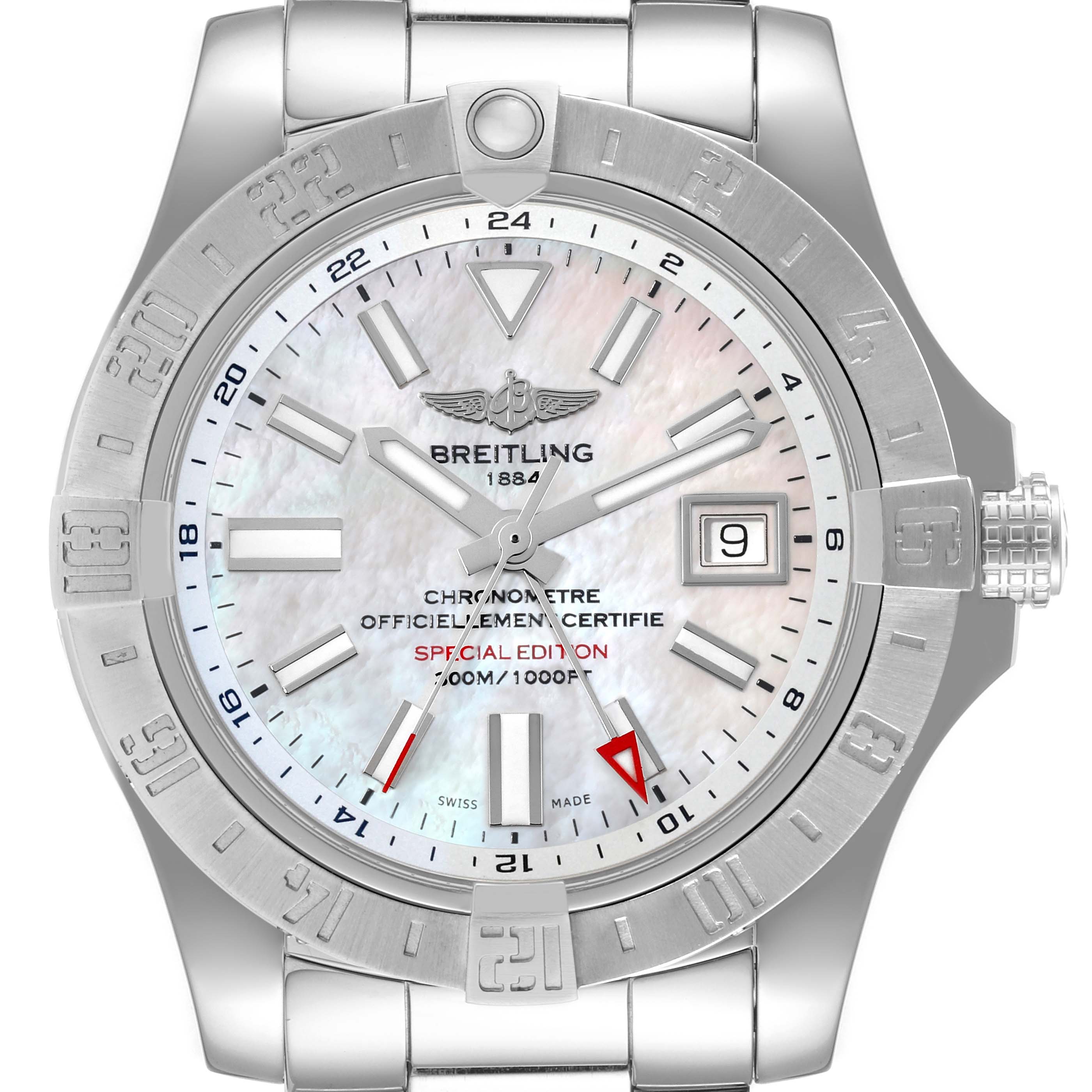 The image shows a frontal view of the Breitling Avenger A3239011-C872-170A Men's Stainless Steel Mother of Pearl Dial A3239011-C872-170A Men's Stainless Steel Mother of Pearl Dial watch, featuring its face, bezel, crown, and part of the bracelet.