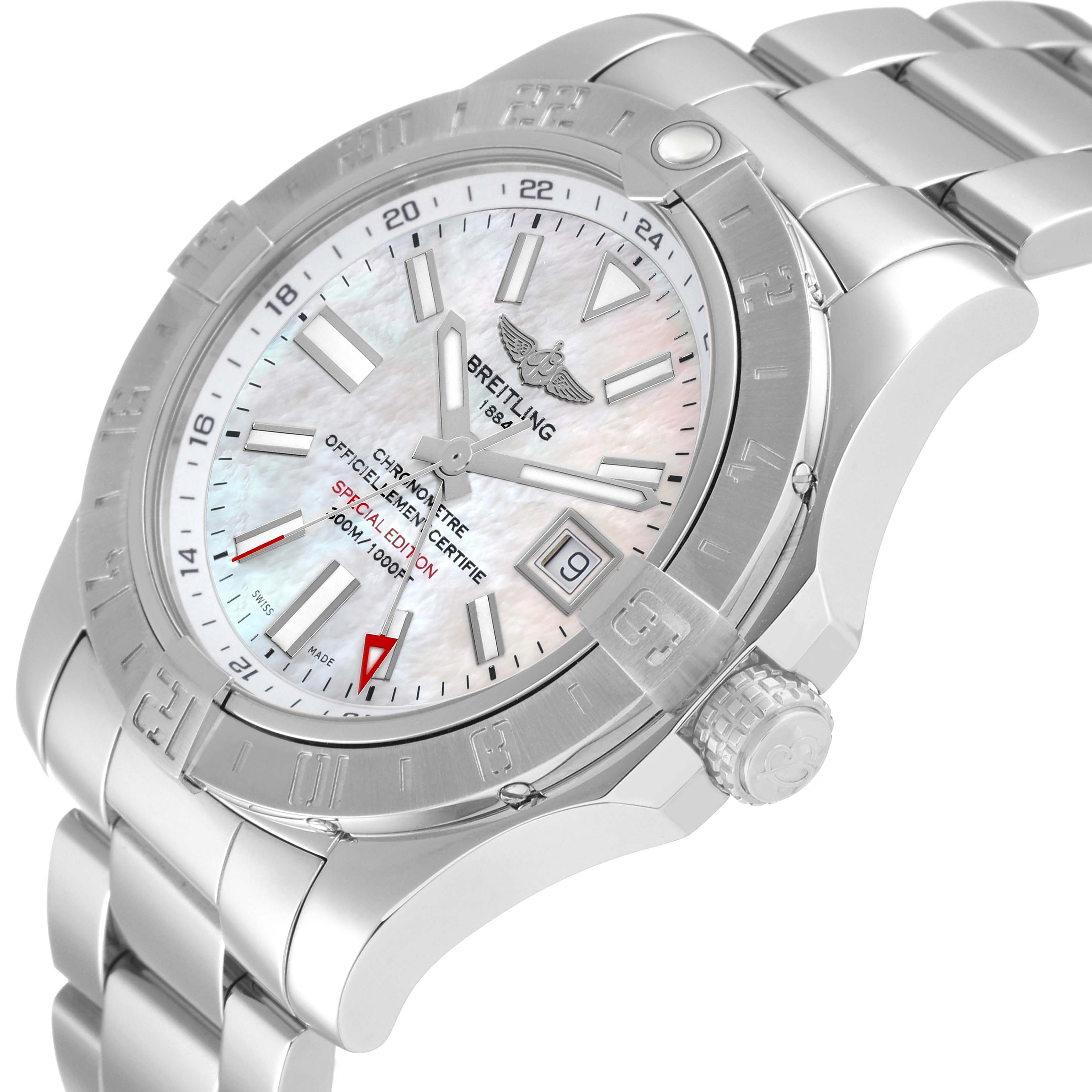 This image shows a tilted angle view of the Breitling Avenger A3239011-C872-170A Men's Stainless Steel Mother of Pearl Dial A3239011-C872-170A Men's Stainless Steel Mother of Pearl Dial watch, highlighting its face, bezel, date display, and stainless steel bracelet.