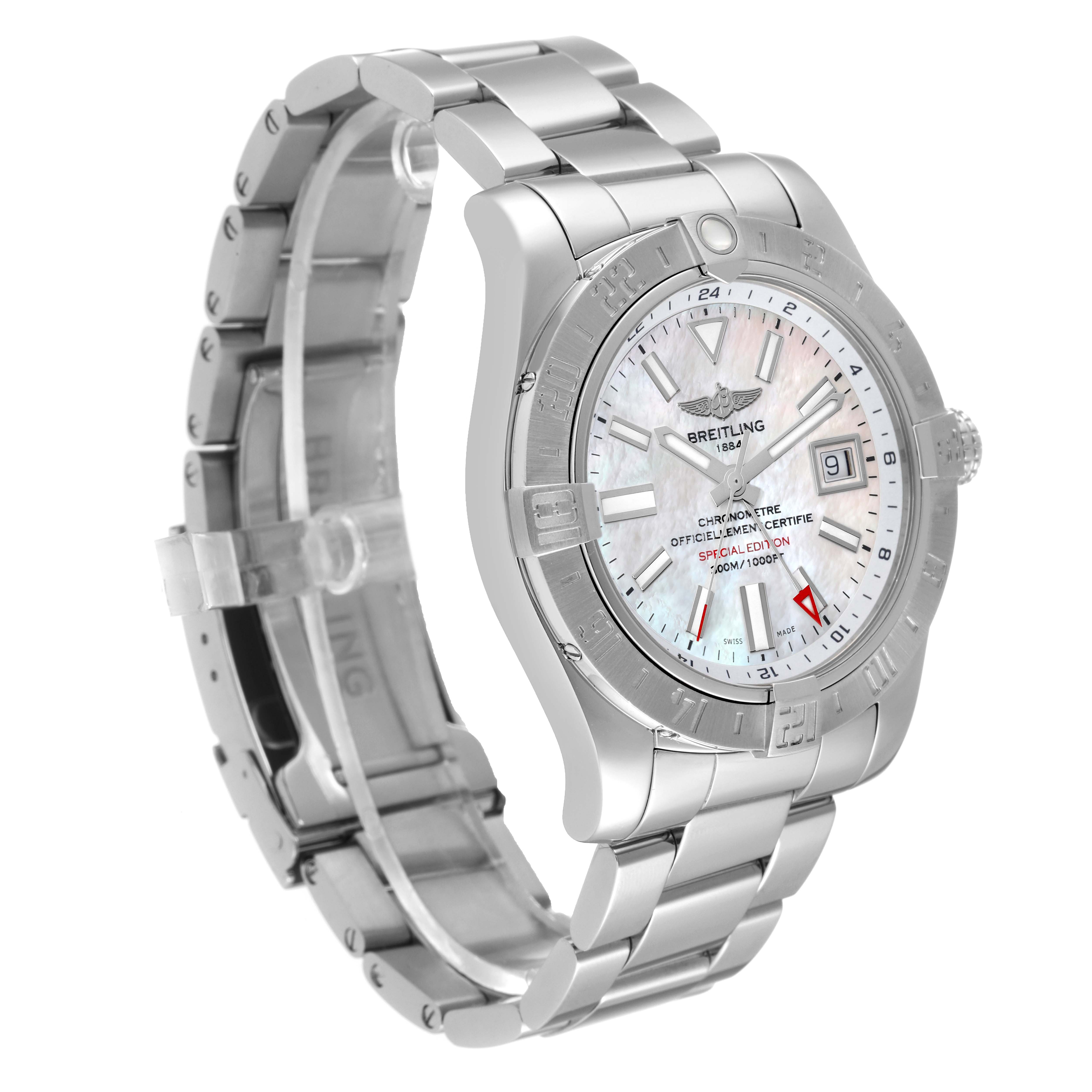 The image depicts a Breitling Avenger A3239011-C872-170A Men's Stainless Steel Mother of Pearl Dial A3239011-C872-170A Men's Stainless Steel Mother of Pearl Dial watch from a slight side angle, showing the case, dial, bezel, and metal bracelet.