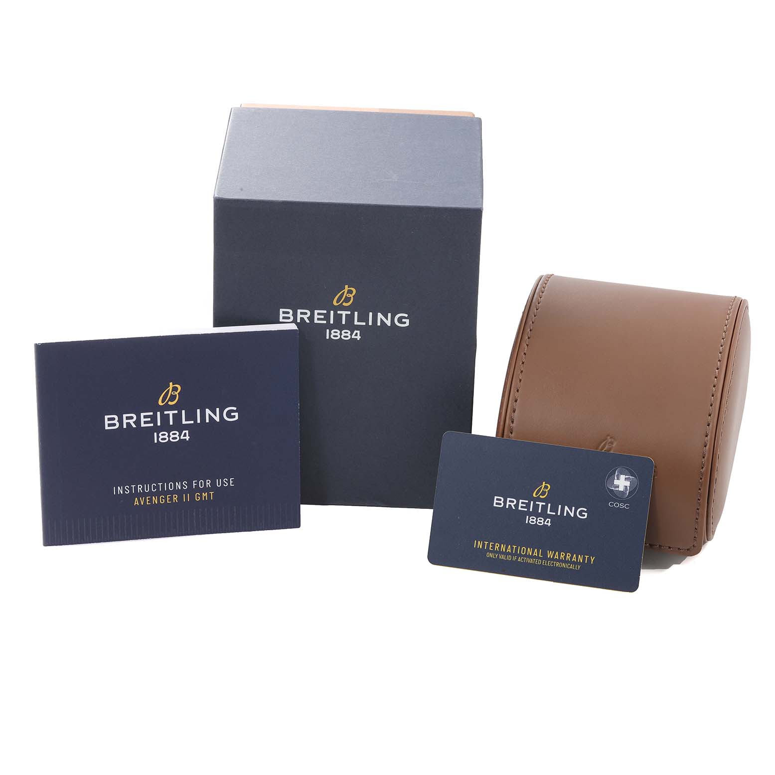 The image shows the packaging box, instruction manual, international warranty card, and a leather case for the Breitling Avenger A3239011-C872-170A Men's Stainless Steel Mother of Pearl Dial A3239011-C872-170A Men's Stainless Steel Mother of Pearl Dial II GMT watch.