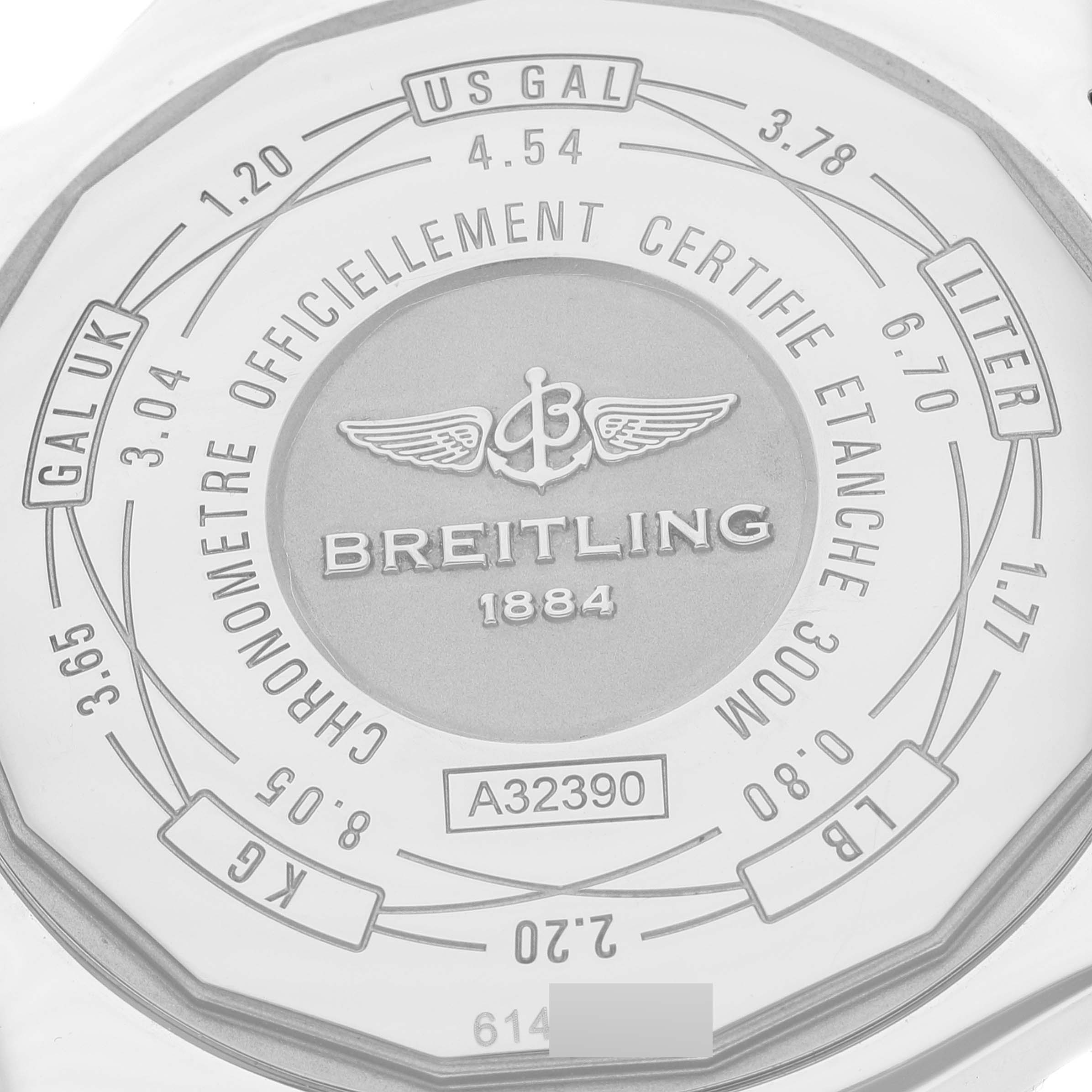 The image shows the case back of a Breitling Avenger A3239011-C872-170A Men's Stainless Steel Mother of Pearl Dial A3239011-C872-170A Men's Stainless Steel Mother of Pearl Dial watch, displaying conversion tables and the model number.