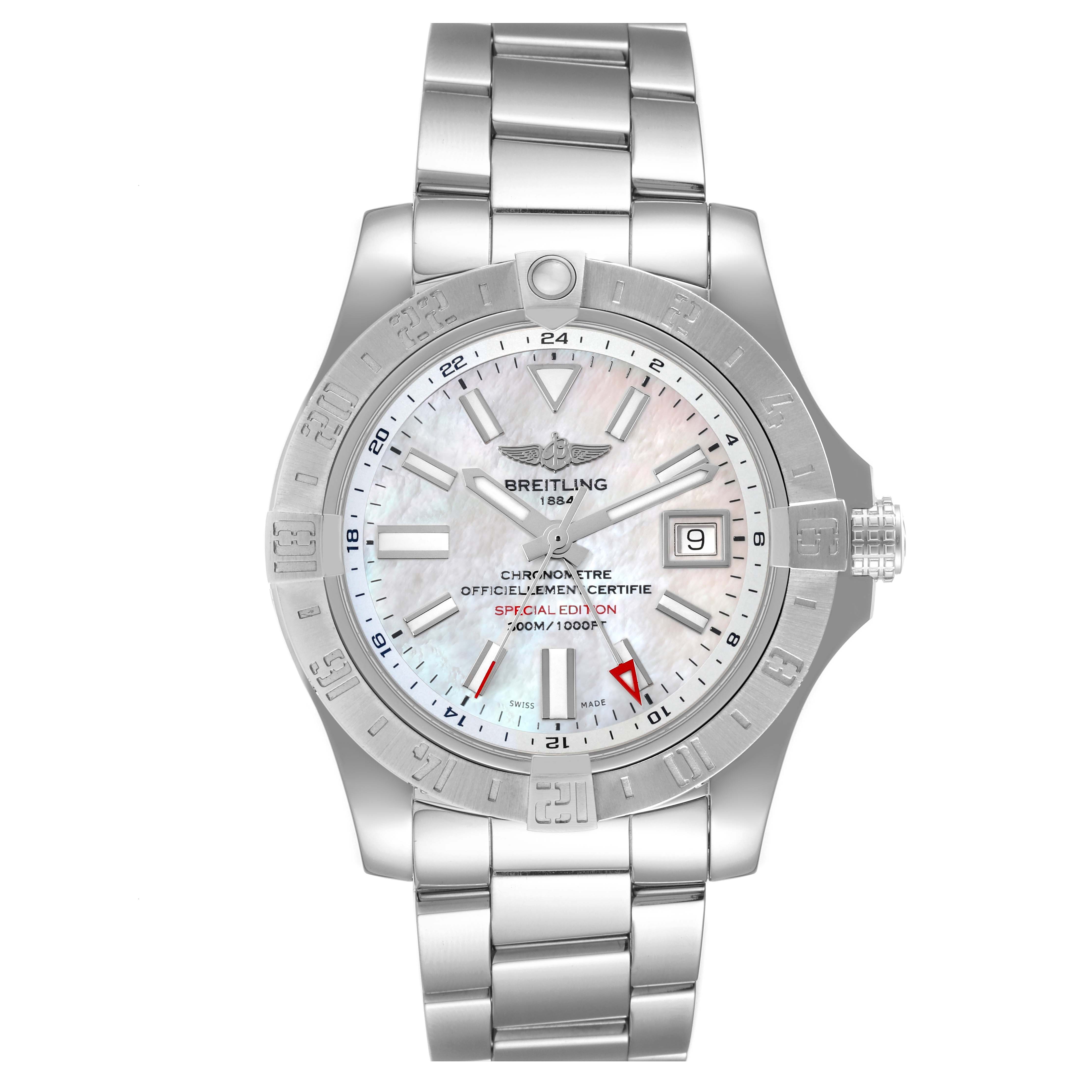 The picture shows a frontal view of the Breitling Avenger A3239011-C872-170A Men's Stainless Steel Mother of Pearl Dial A3239011-C872-170A Men's Stainless Steel Mother of Pearl Dial watch, displaying its face, bezel, and stainless steel bracelet.