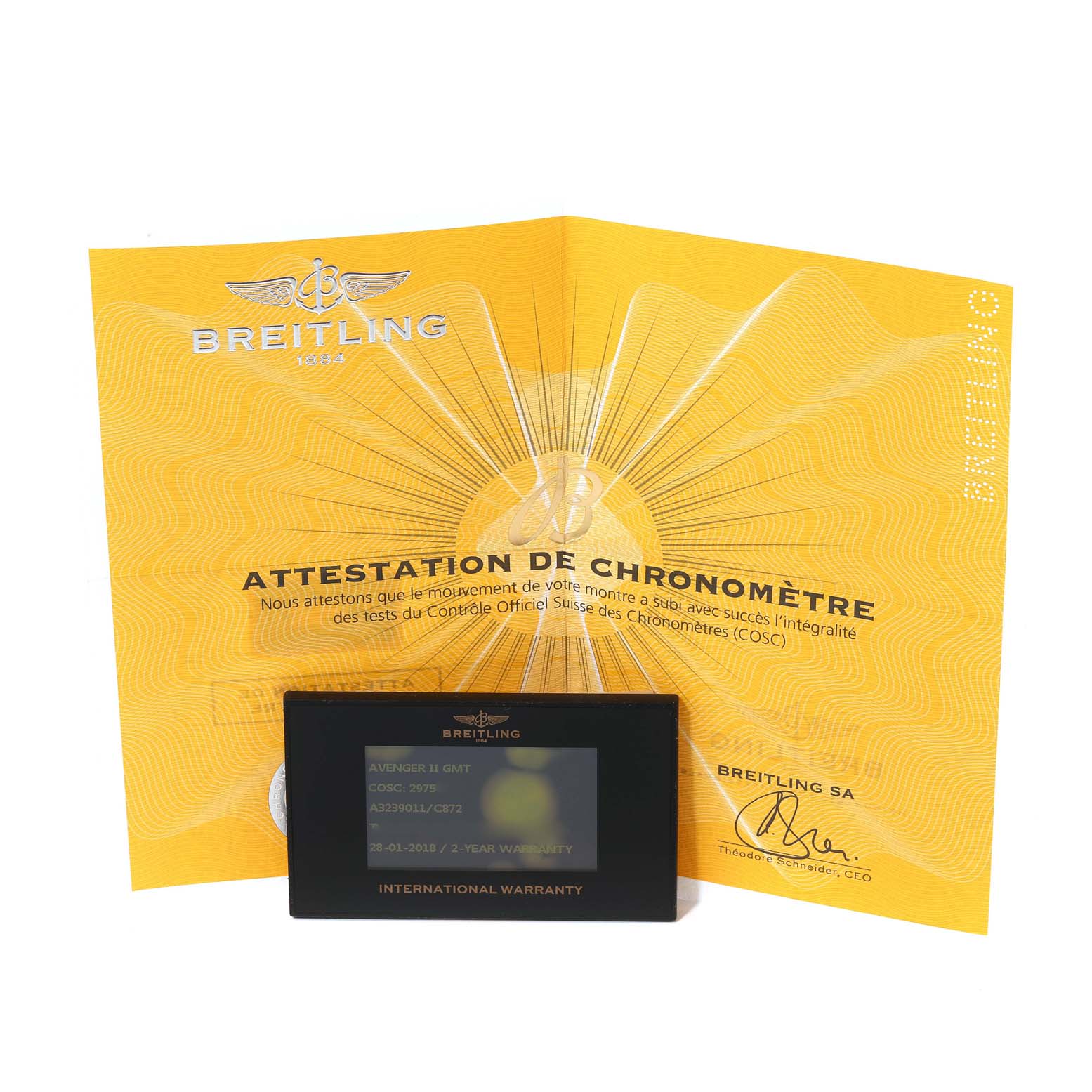 This image shows the Breitling Avenger A3239011/C872 Men's Stainless Steel Blue Dial A3239011/C872 Men's Stainless Steel Blue Dial model's chronometer certificate and international warranty card.