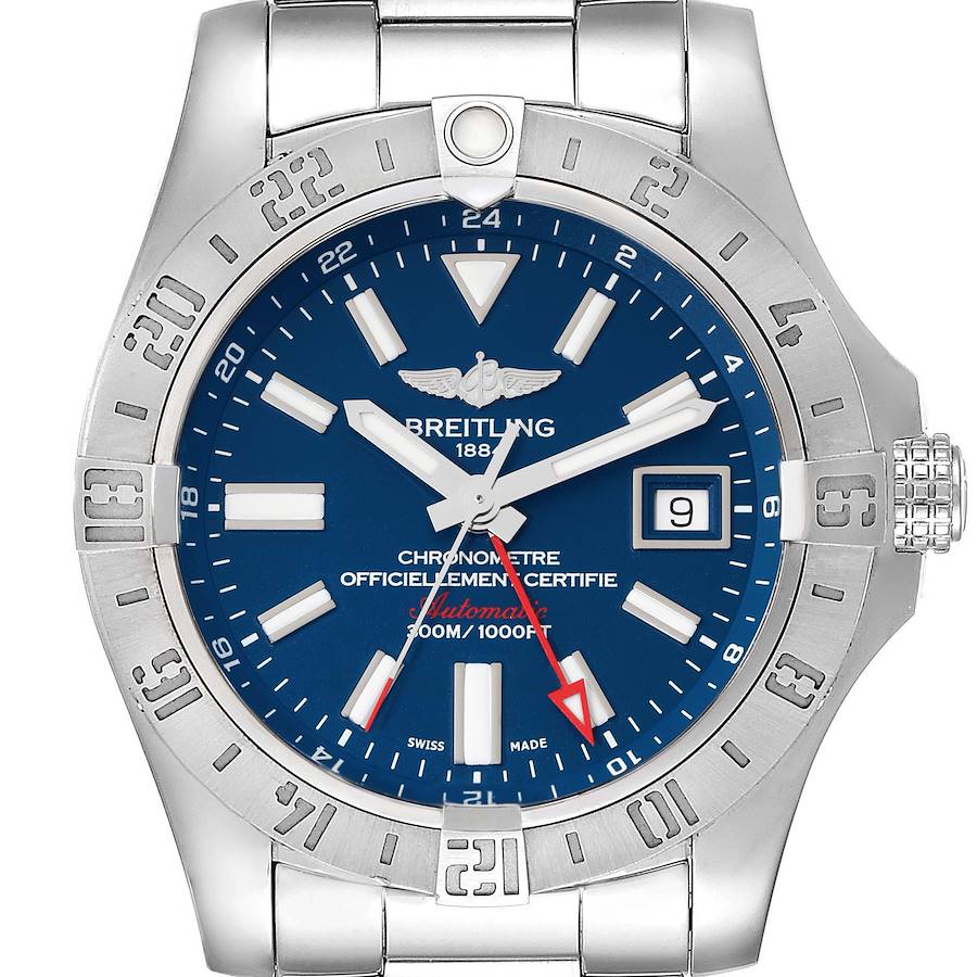 The image displays a front view of a Breitling Avenger watch, showcasing its dial, bezel, crown, and part of the bracelet.