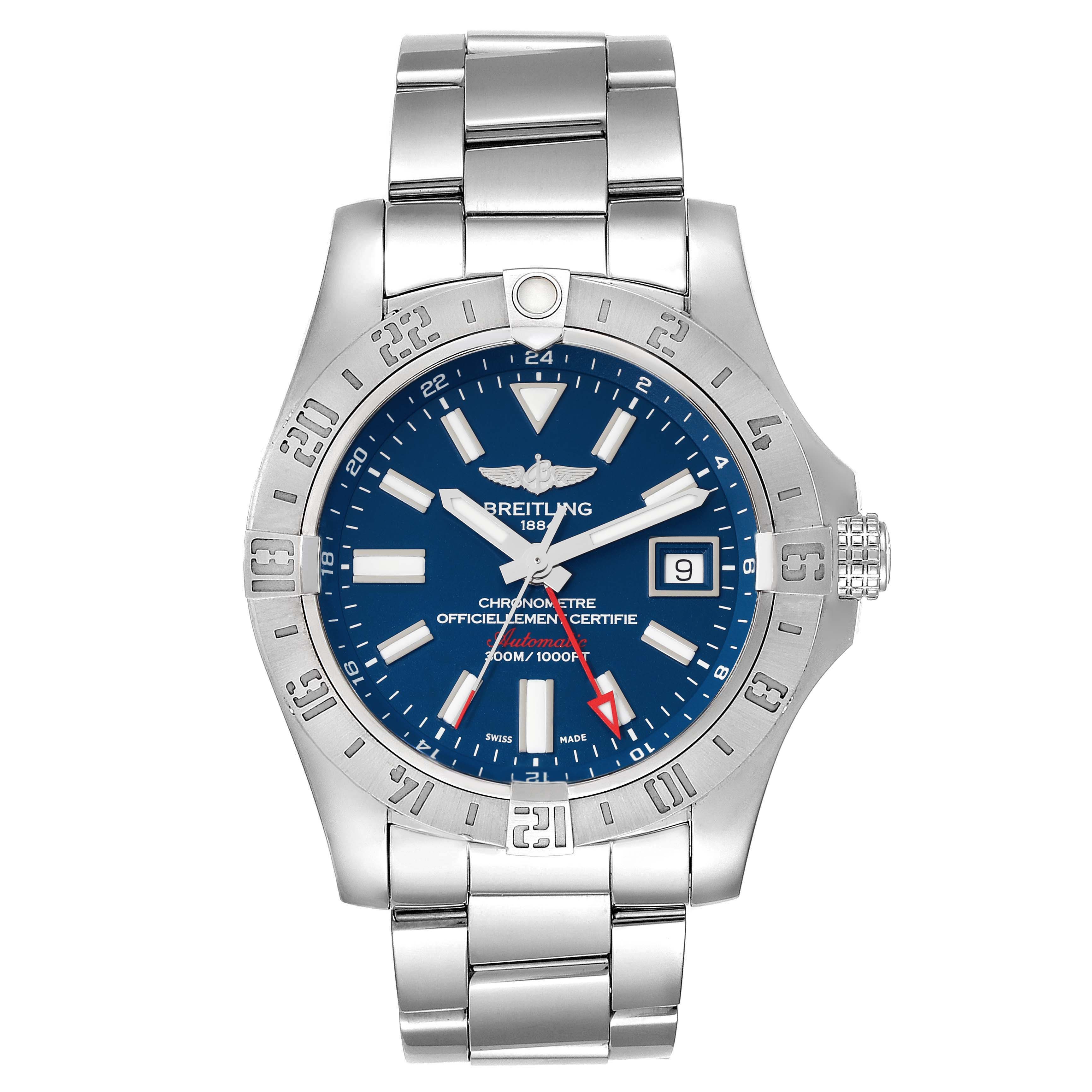 The Breitling Avenger A3239011/C872 Men's Stainless Steel Blue Dial A3239011/C872 Men's Stainless Steel Blue Dial watch is shown from a front angle, displaying its blue dial, date window, stainless steel bracelet, and bezel.