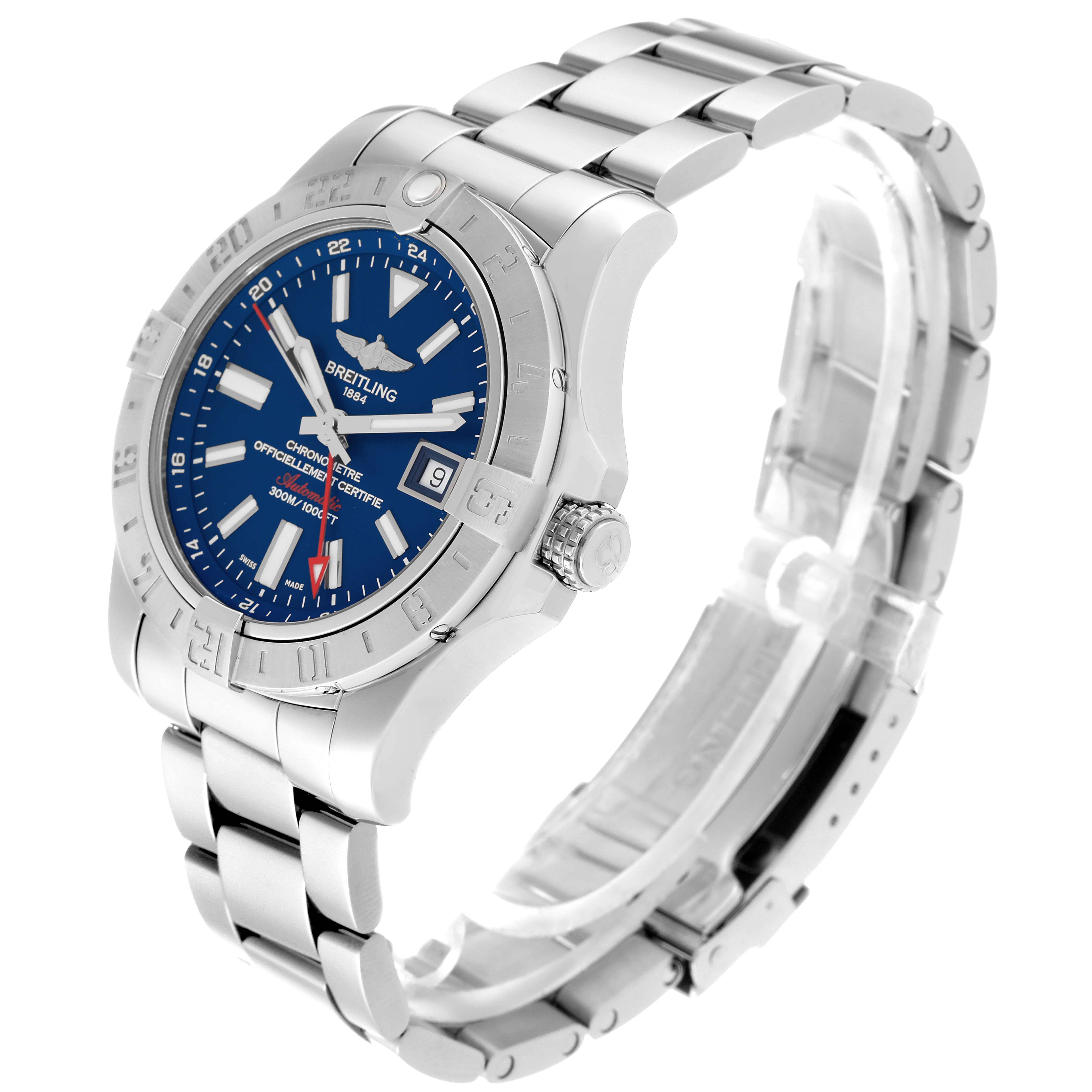 The Breitling Avenger A3239011/C872 Men's Stainless Steel Blue Dial A3239011/C872 Men's Stainless Steel Blue Dial watch is shown at a three-quarter angle, displaying the face, bezel, case, and bracelet.