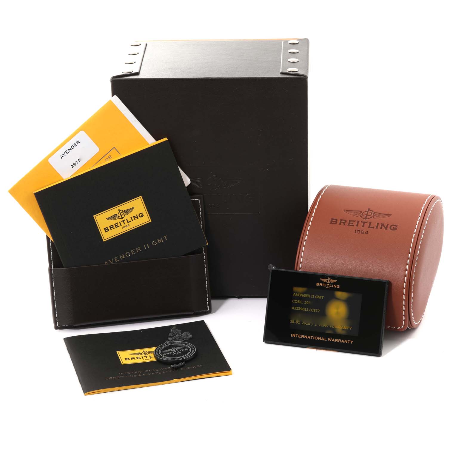 The image shows the packaging and accessories for a Breitling Avenger A3239011/C872 Men's Stainless Steel Blue Dial A3239011/C872 Men's Stainless Steel Blue Dial model, including the box, documents, warranty card, and a watch case.