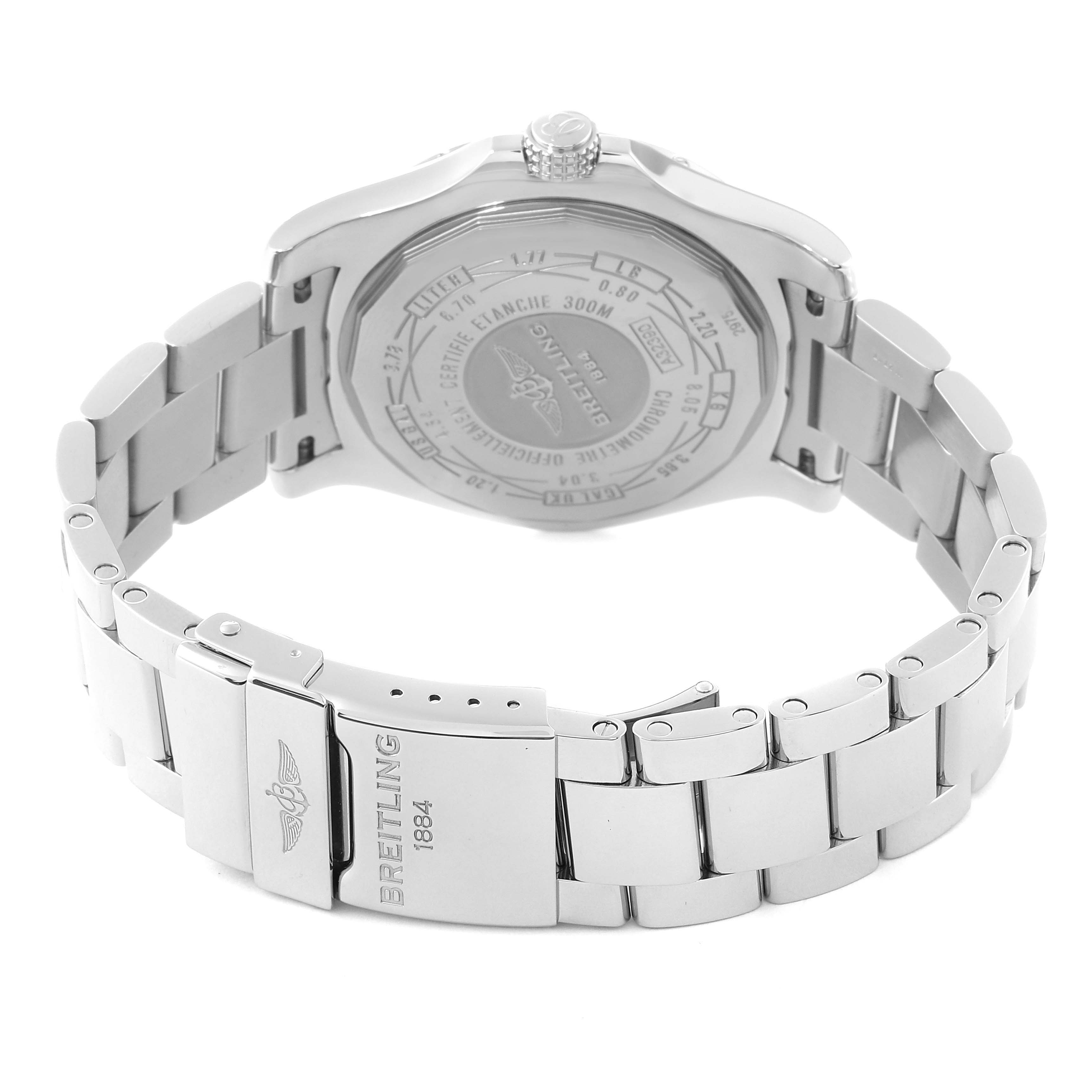 This Breitling Avenger A3239011/C872 Men's Stainless Steel Blue Dial A3239011/C872 Men's Stainless Steel Blue Dial watch is shown from the back, highlighting its case back, bracelet, and clasp.