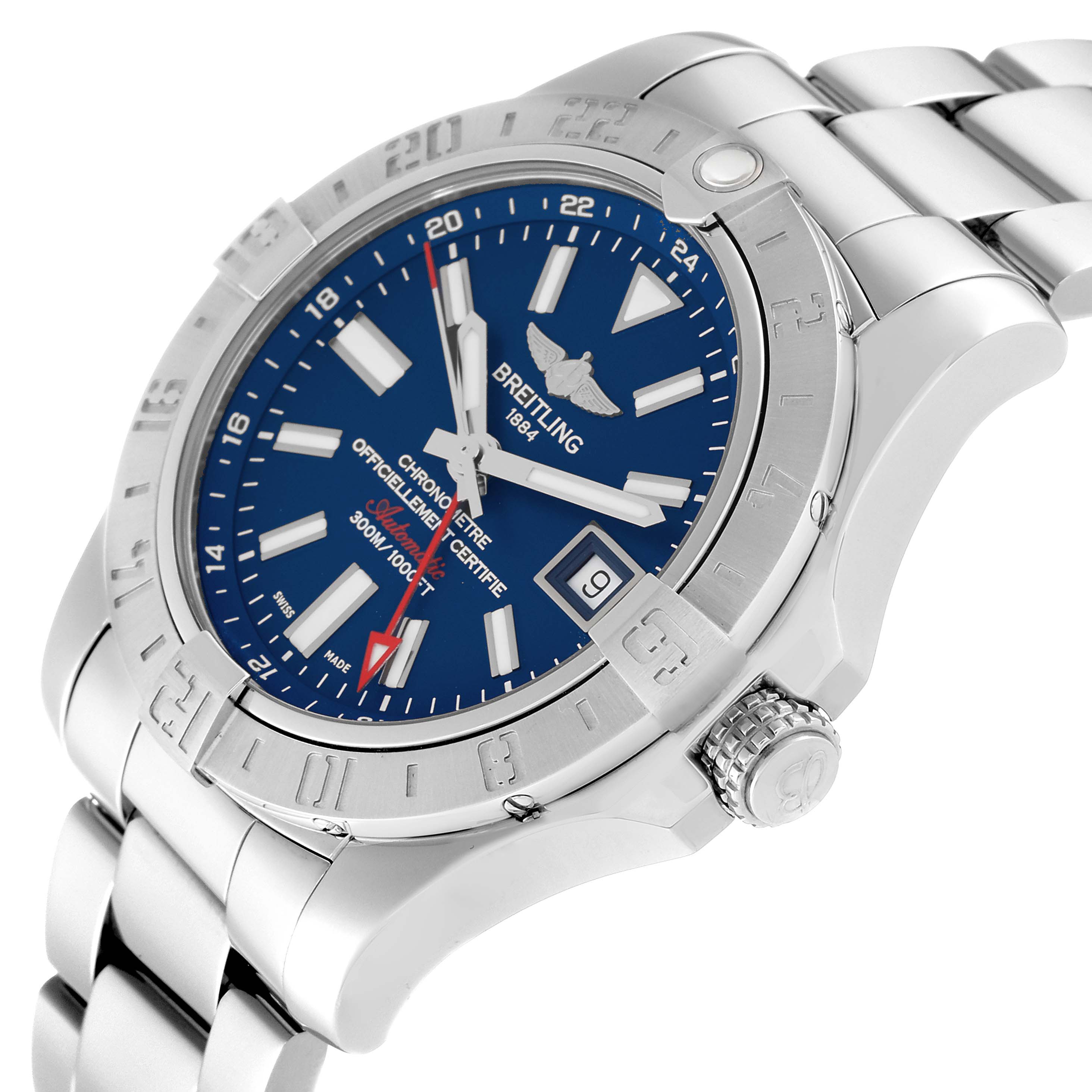 The image shows a Breitling Avenger A3239011/C872 Men's Stainless Steel Blue Dial A3239011/C872 Men's Stainless Steel Blue Dial watch from an angled close-up, highlighting its blue dial, bezel, and metal bracelet.