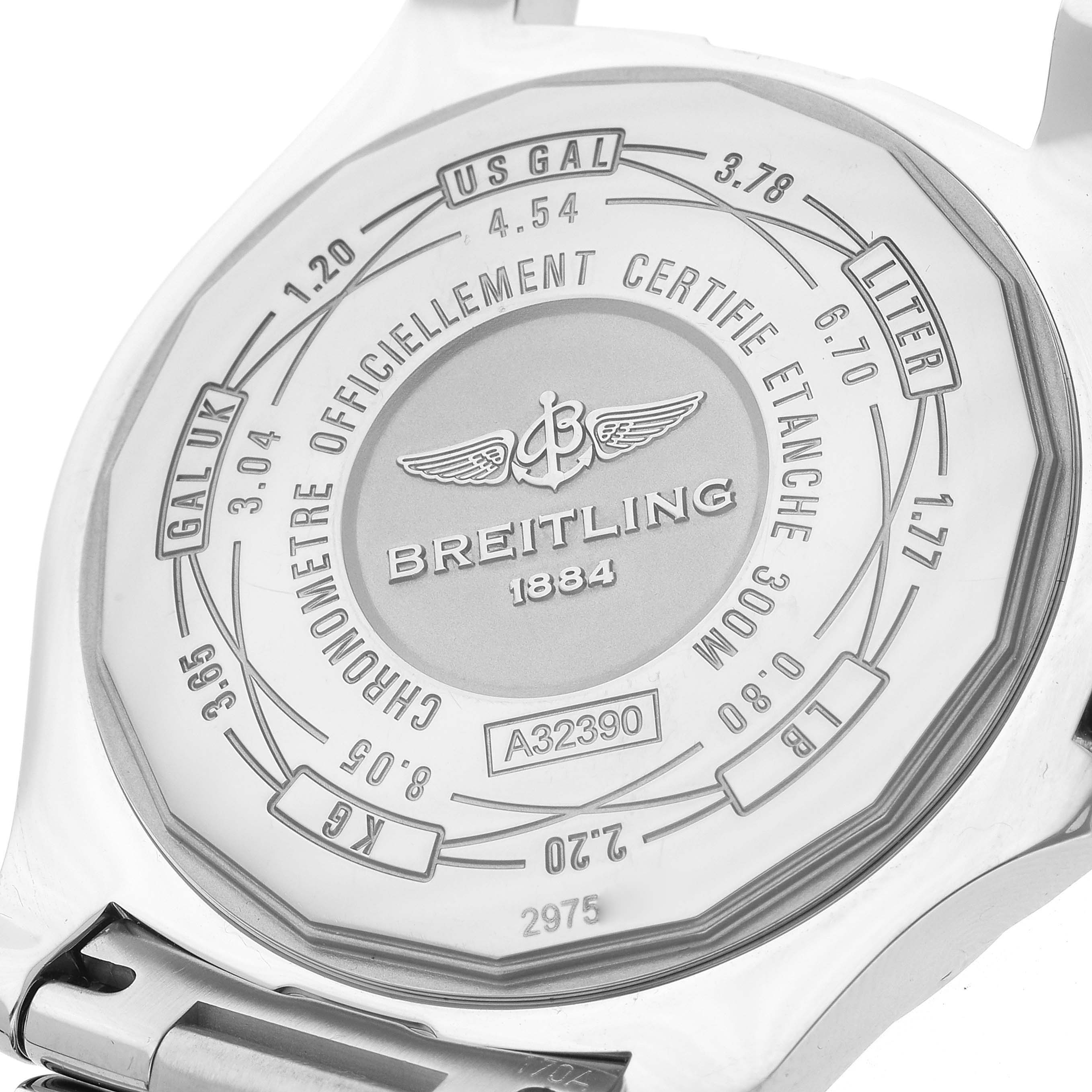 This image shows the back case of a Breitling Avenger A3239011/C872 Men's Stainless Steel Blue Dial A3239011/C872 Men's Stainless Steel Blue Dial watch, displaying certification and model details.