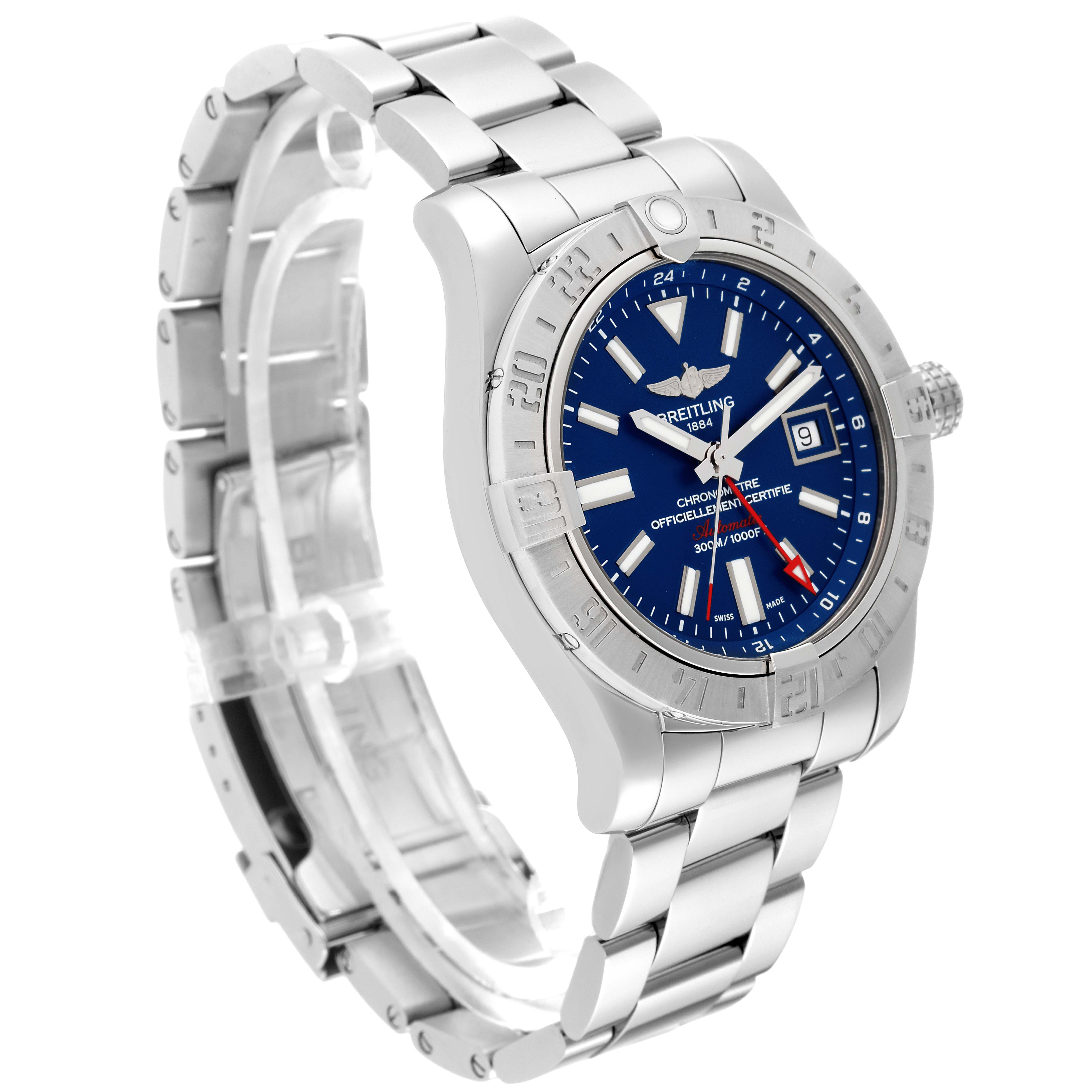 The image shows a Breitling Avenger A3239011/C872 Men's Stainless Steel Blue Dial A3239011/C872 Men's Stainless Steel Blue Dial watch at a three-quarter angle, highlighting its face, bezel, bracelet, and crown.