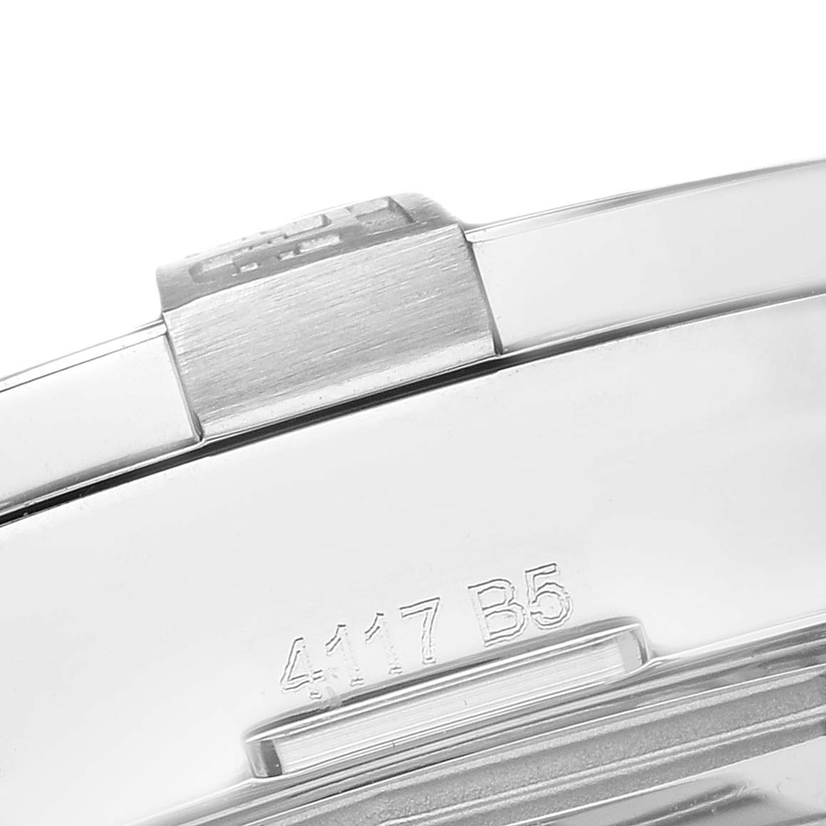 This close-up image shows parts of the clasp mechanism and serial number of a Breitling Avenger A3239011/C872 Men's Stainless Steel Blue Dial A3239011/C872 Men's Stainless Steel Blue Dial watch.