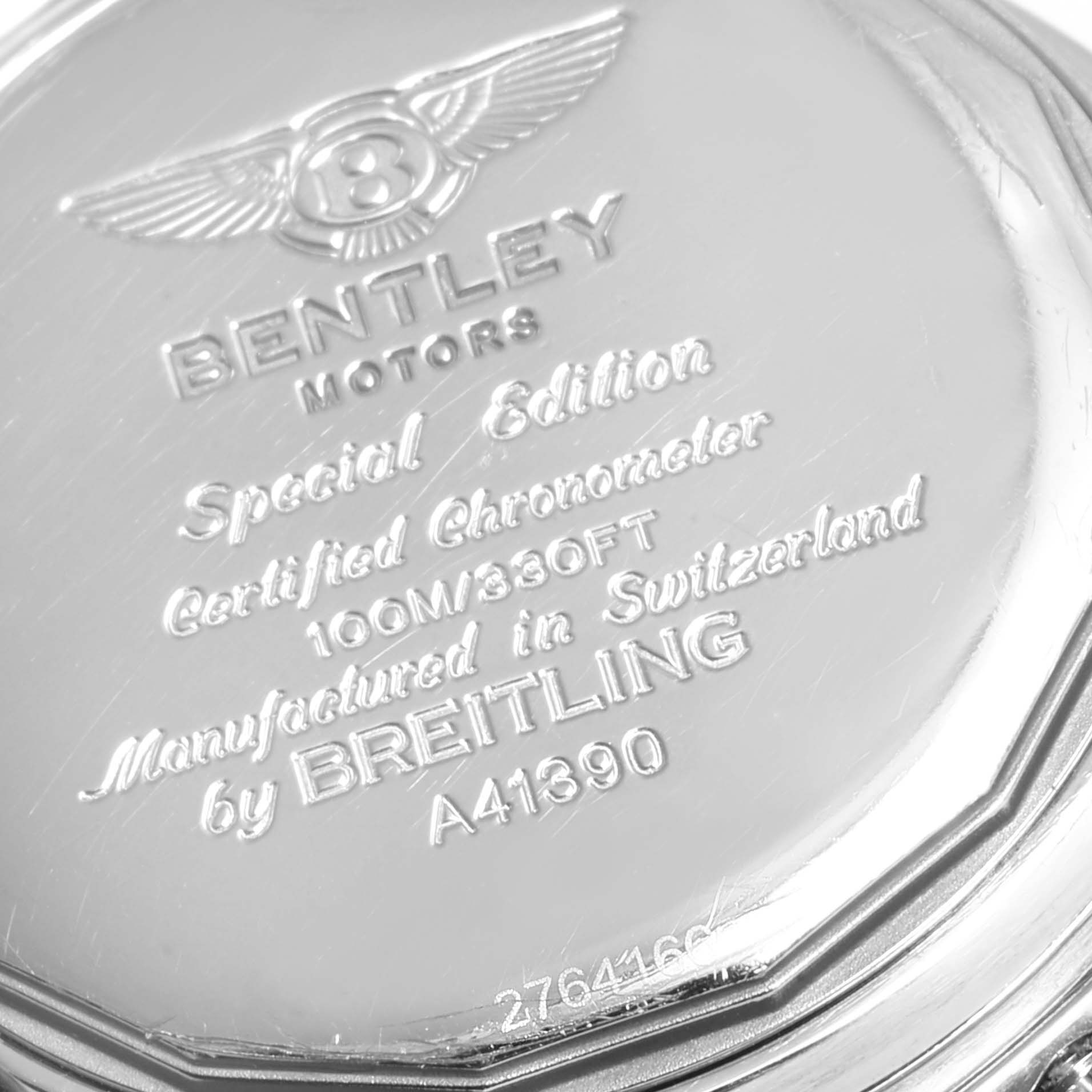 This image shows the back case of the Breitling Bentley A41390 Men's Stainless Steel Black Dial A41390 Men's Stainless Steel Black Dial model watch engraved with brand details and specifications.