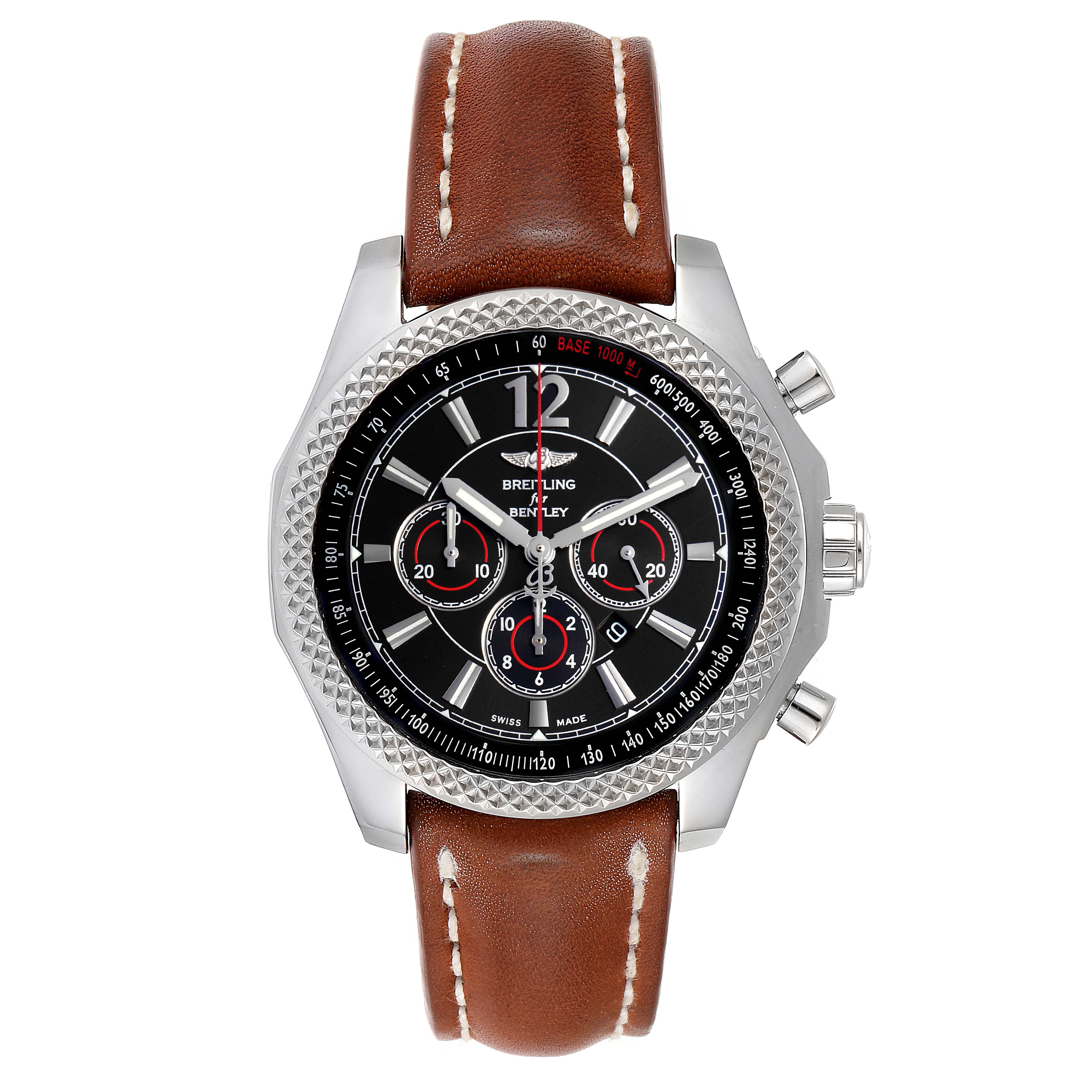 This Bentley model by Breitling is shown from the front, highlighting the face, bezel, and brown leather strap.