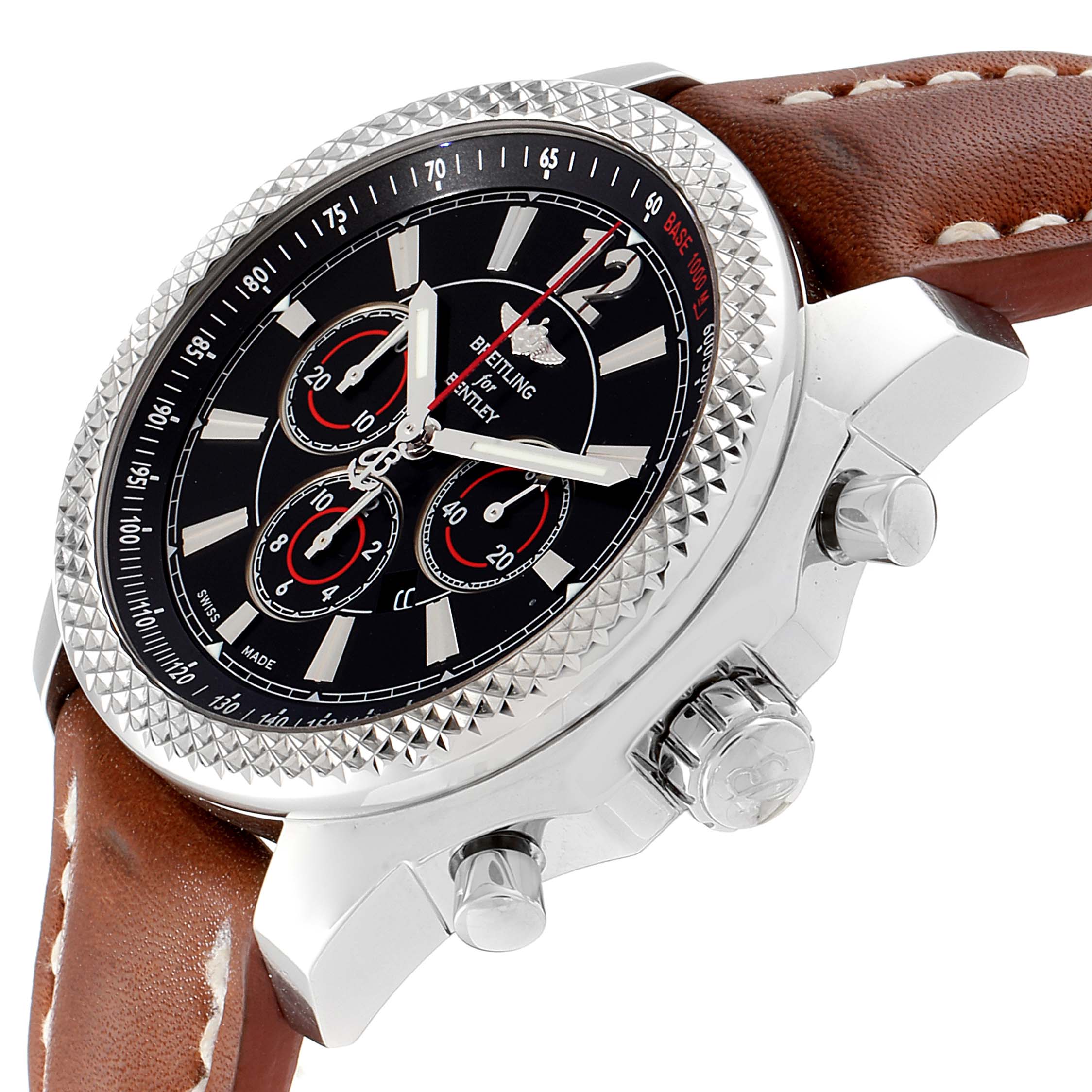 This image shows a Breitling Bentley A41390 Men's Stainless Steel Black Dial A41390 Men's Stainless Steel Black Dial watch at an oblique angle, highlighting its dial, bezel, chronograph buttons, and leather strap.