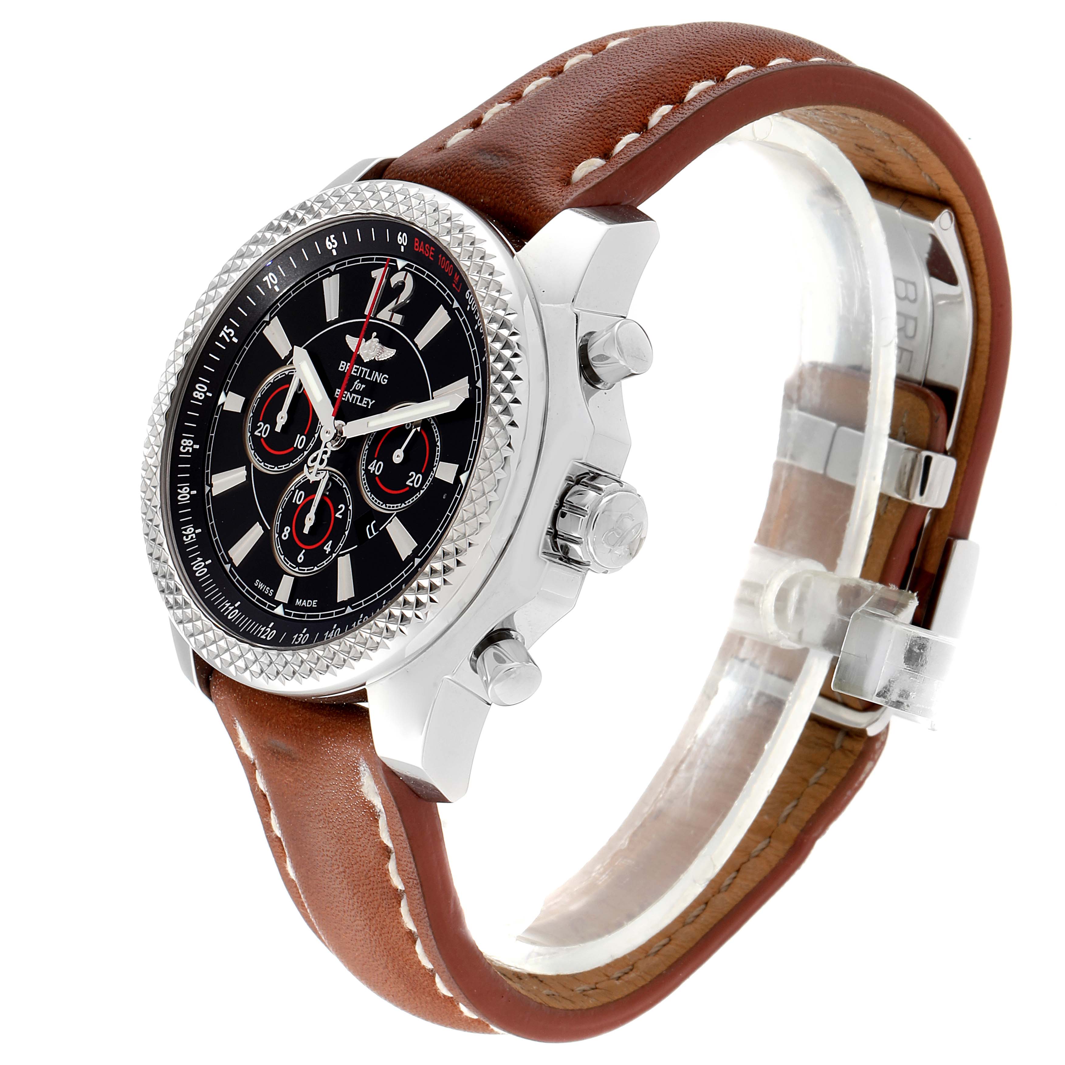 The image shows a side angle of the Breitling Bentley A41390 Men's Stainless Steel Black Dial A41390 Men's Stainless Steel Black Dial watch, highlighting the bezel, leather strap, crown, and chronograph pushers.