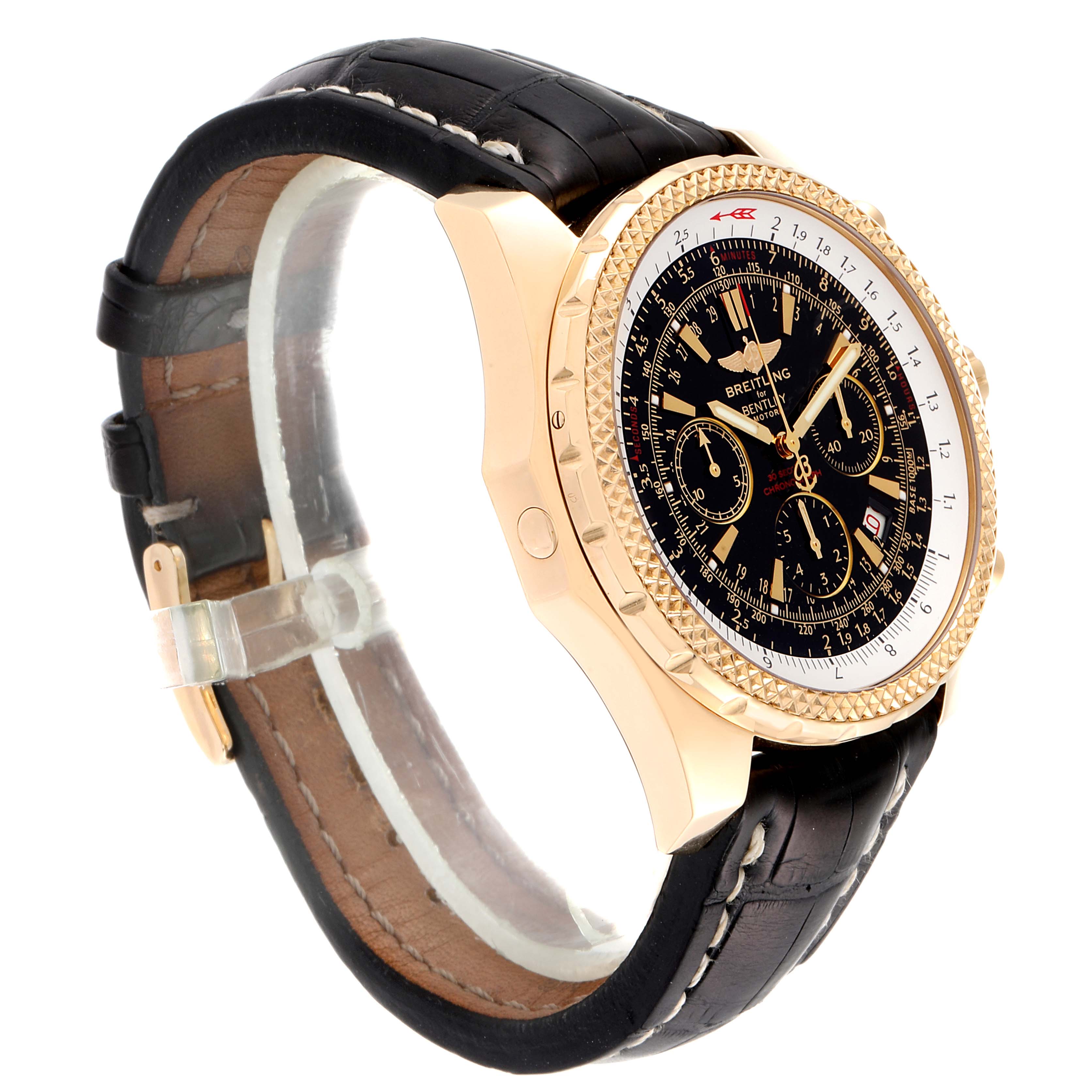 The Breitling Bentley K25362  Men's Yellow Gold Black Dial K25362  Men's Yellow Gold Black Dial watch is shown at an oblique angle, displaying its strap, case, dial, and bezel prominently.