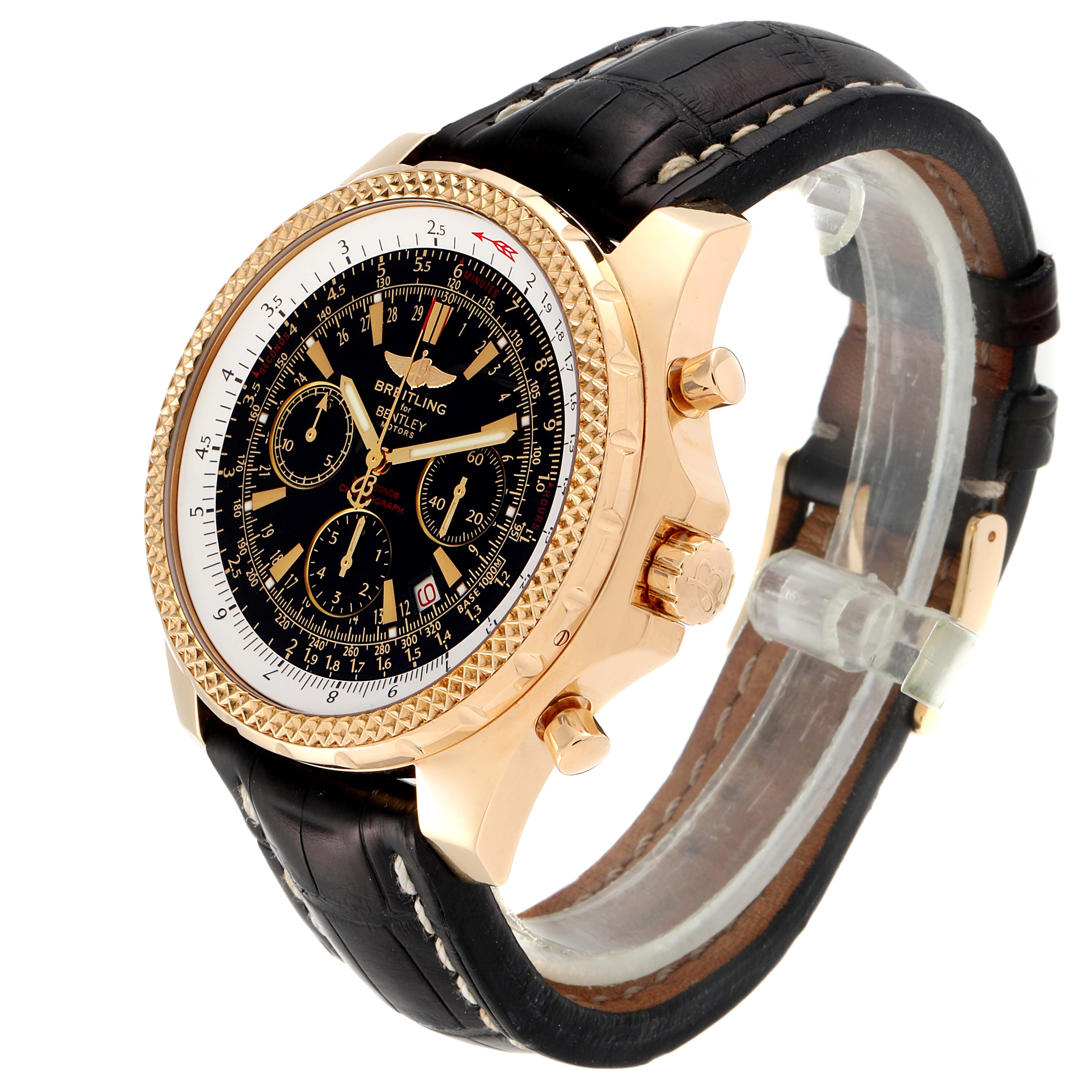 The Breitling Bentley K25362  Men's Yellow Gold Black Dial K25362  Men's Yellow Gold Black Dial watch is shown at a three-quarter angle, highlighting the black dial, gold case, and black leather strap.