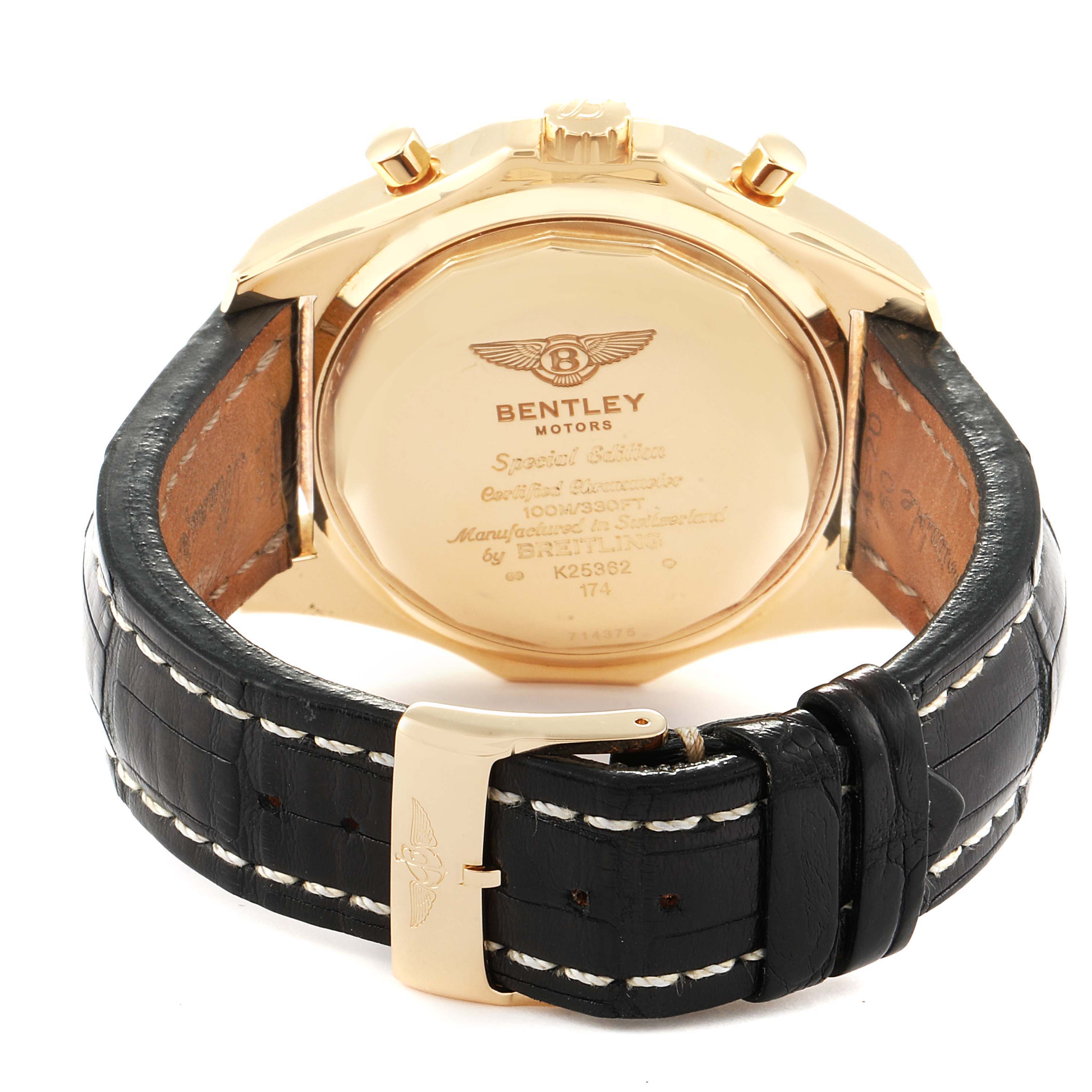 The image shows the back of the Bentley model by Breitling, including the caseback and the black leather strap with stitching.