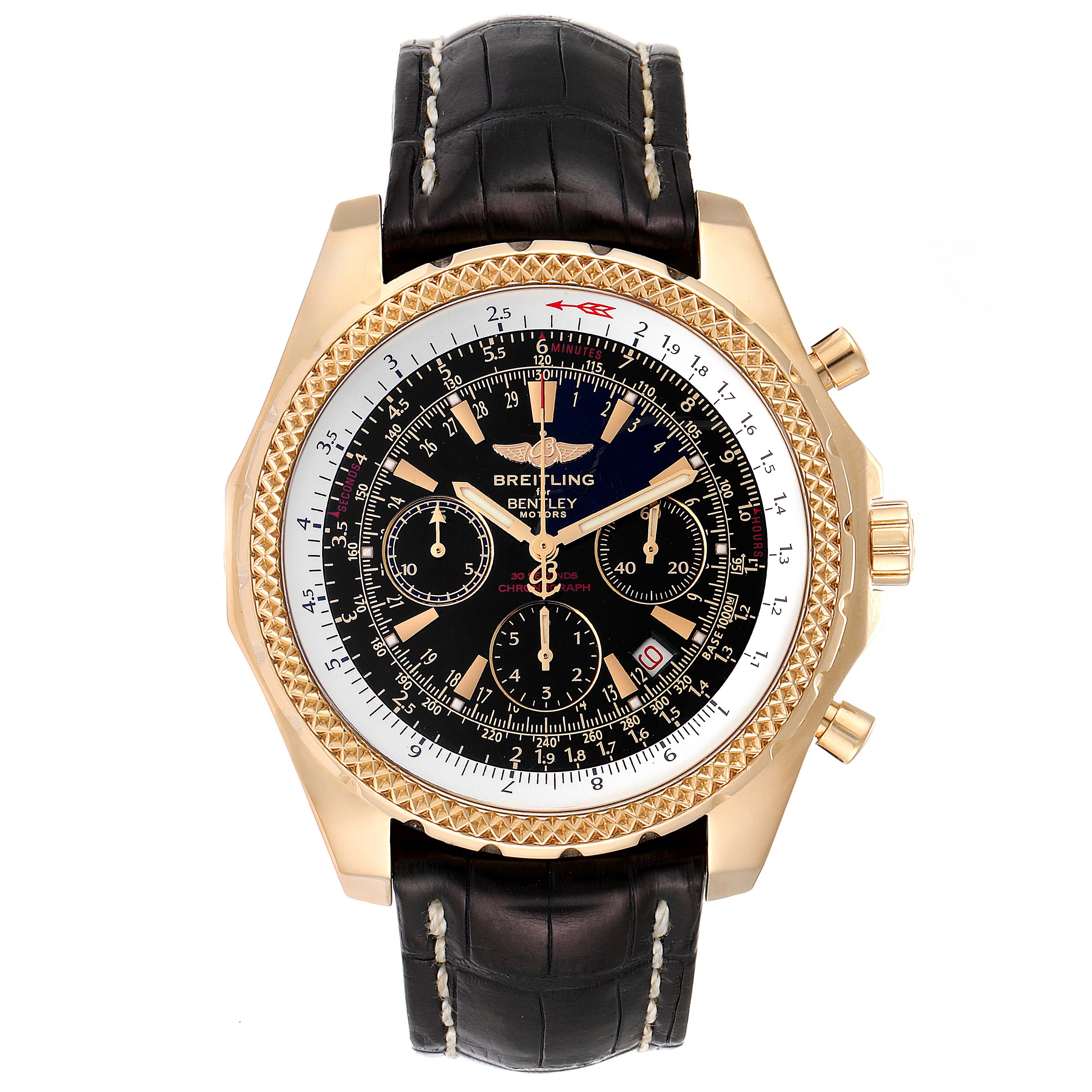 The image shows a front view of the Breitling Bentley K25362  Men's Yellow Gold Black Dial K25362  Men's Yellow Gold Black Dial watch, displaying its face, bezel, and leather strap.