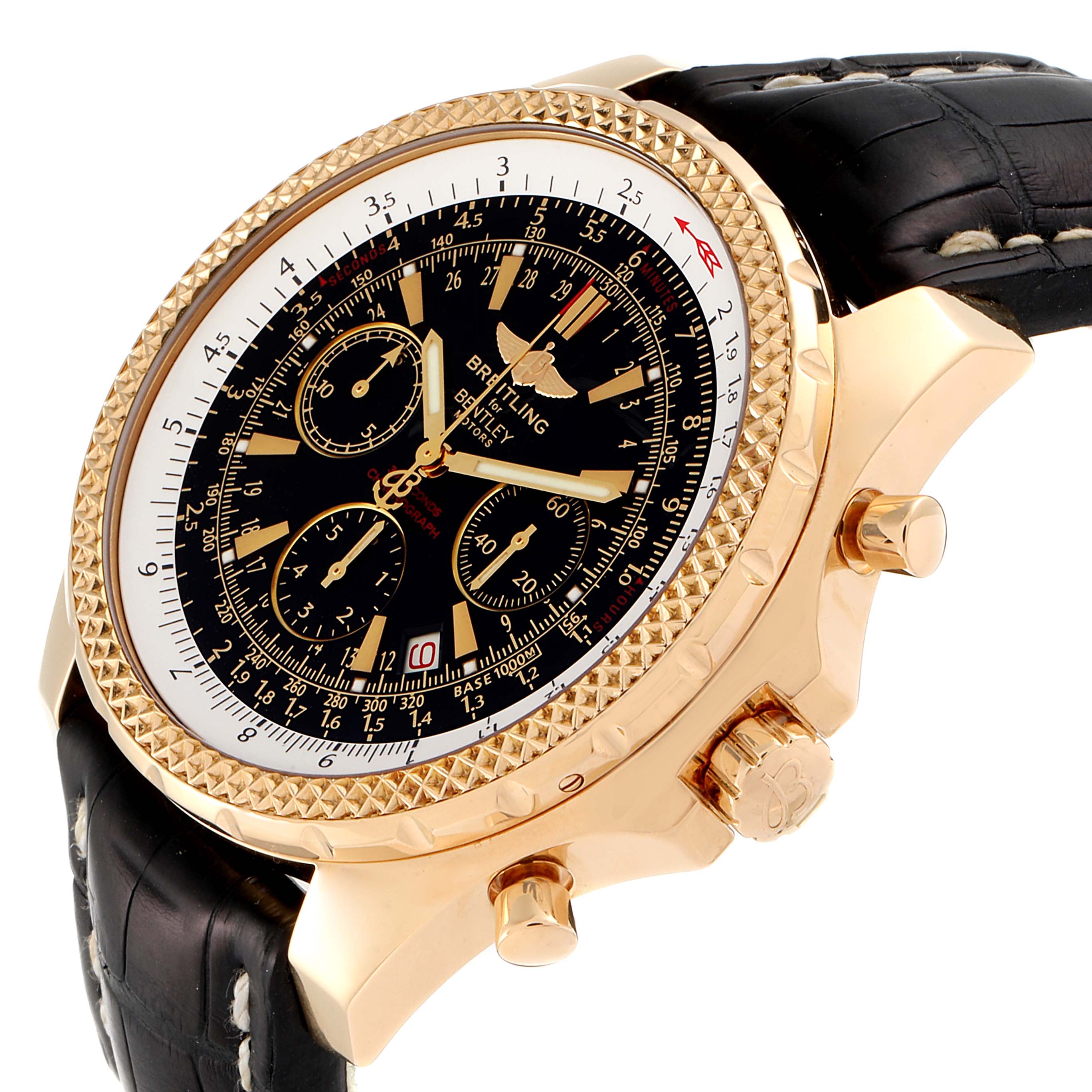 The image shows a Bentley model watch by Breitling at an angle highlighting the watch face, bezel, crown, and pushers.