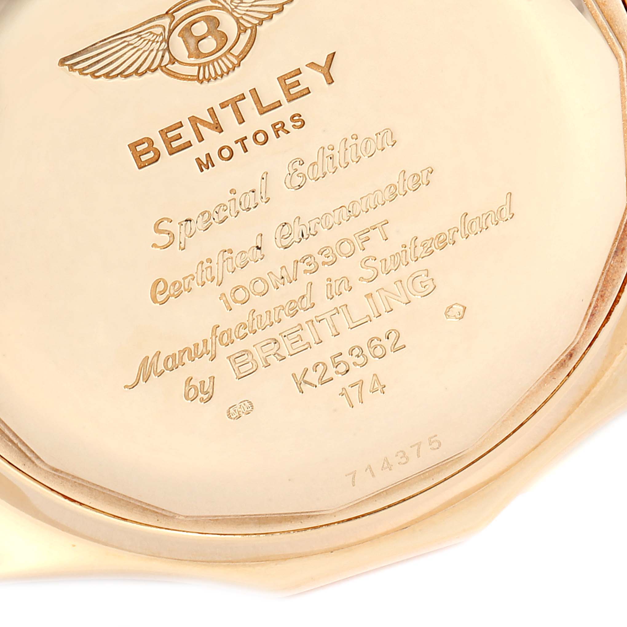 The image shows the back case of a Bentley model watch by Breitling, displaying engravings and watch details.