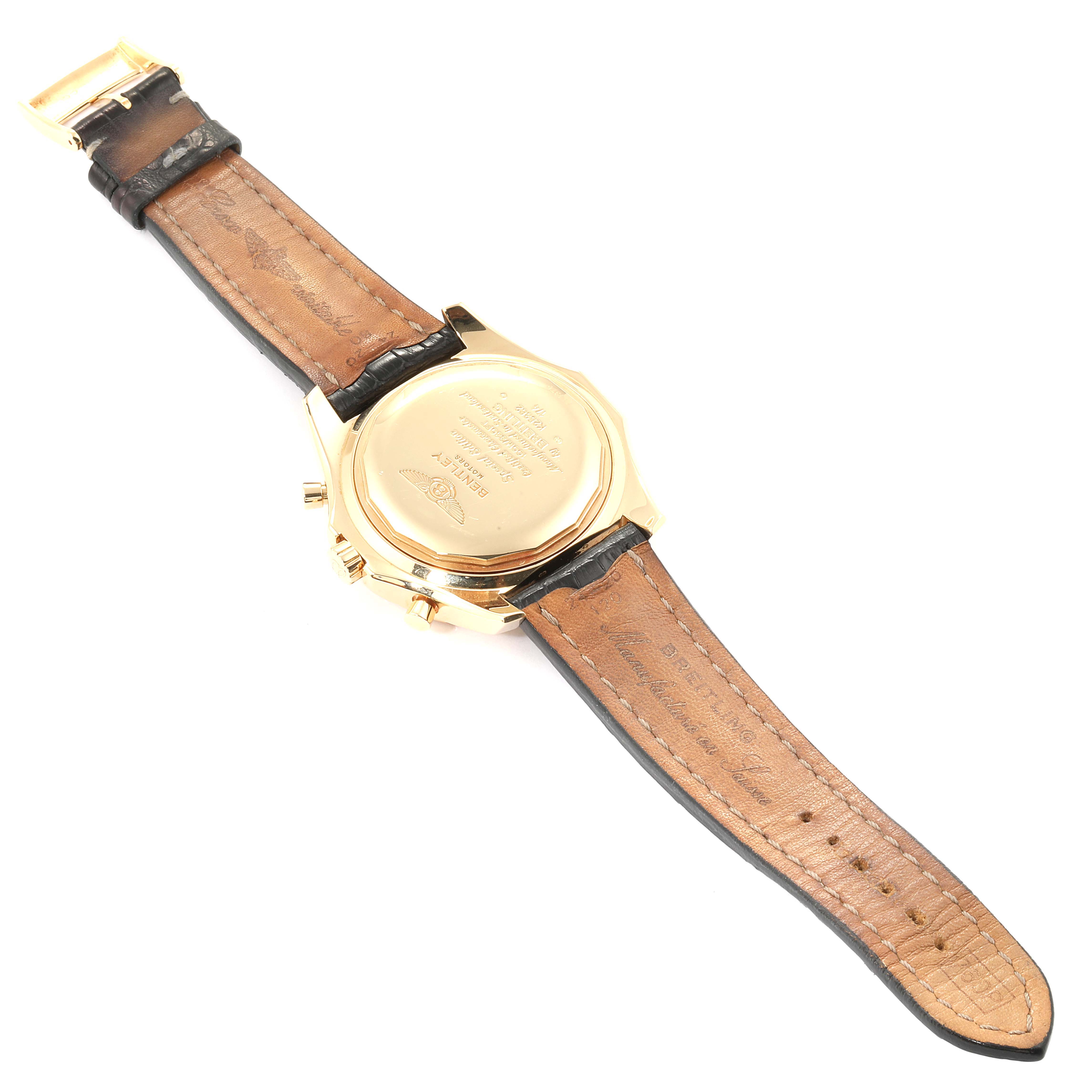 This image shows the back view and leather strap of a Breitling Bentley K25362  Men's Yellow Gold Black Dial K25362  Men's Yellow Gold Black Dial model watch.