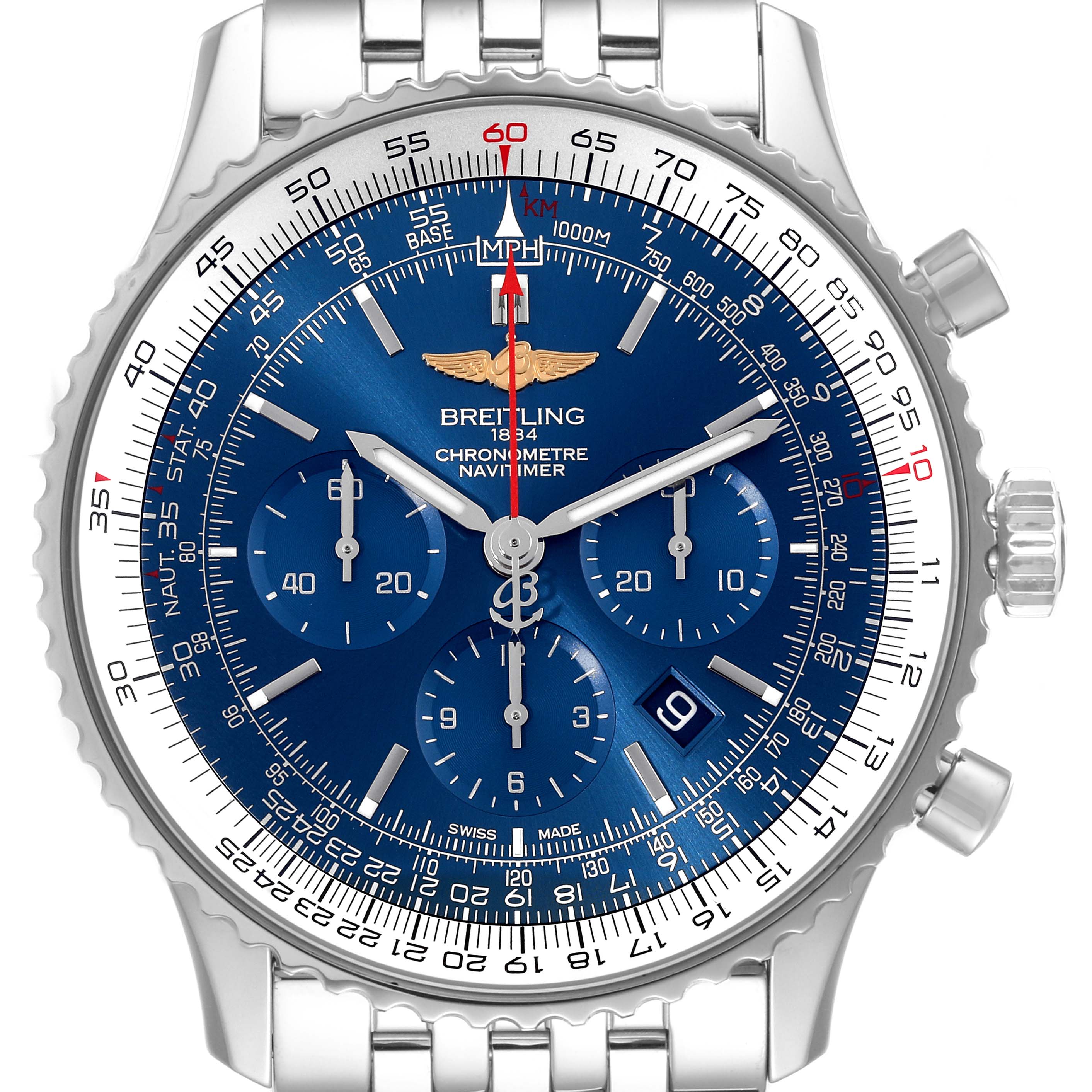 The image shows a front view of a Breitling Navitimer AB0127 Men's Stainless Steel Blue Dial AB0127 Men's Stainless Steel Blue Dial watch, displaying the face, bezel, and part of the bracelet.