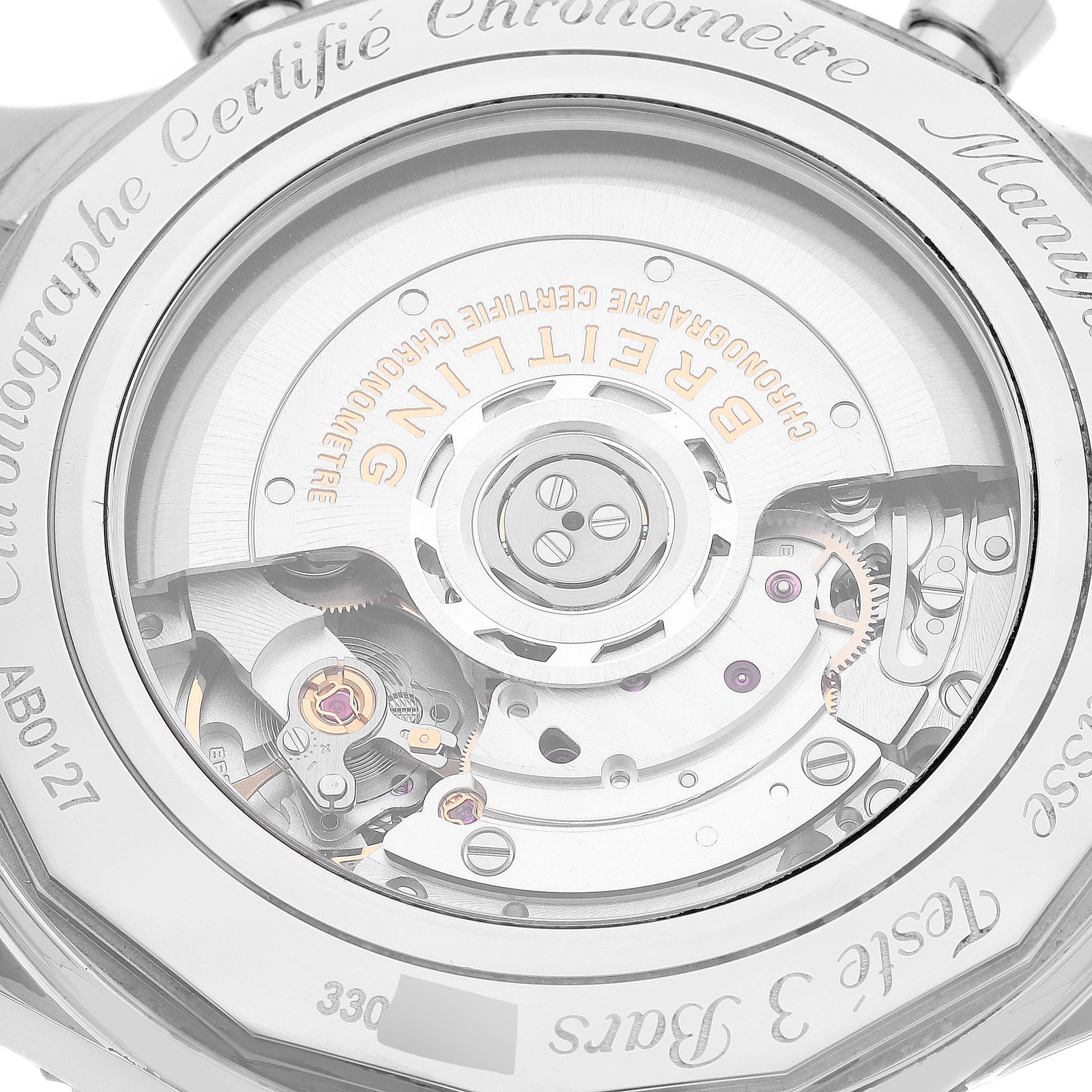 This image shows the inner mechanics and backside of a Breitling Navitimer AB0127 Men's Stainless Steel Blue Dial AB0127 Men's Stainless Steel Blue Dial watch.