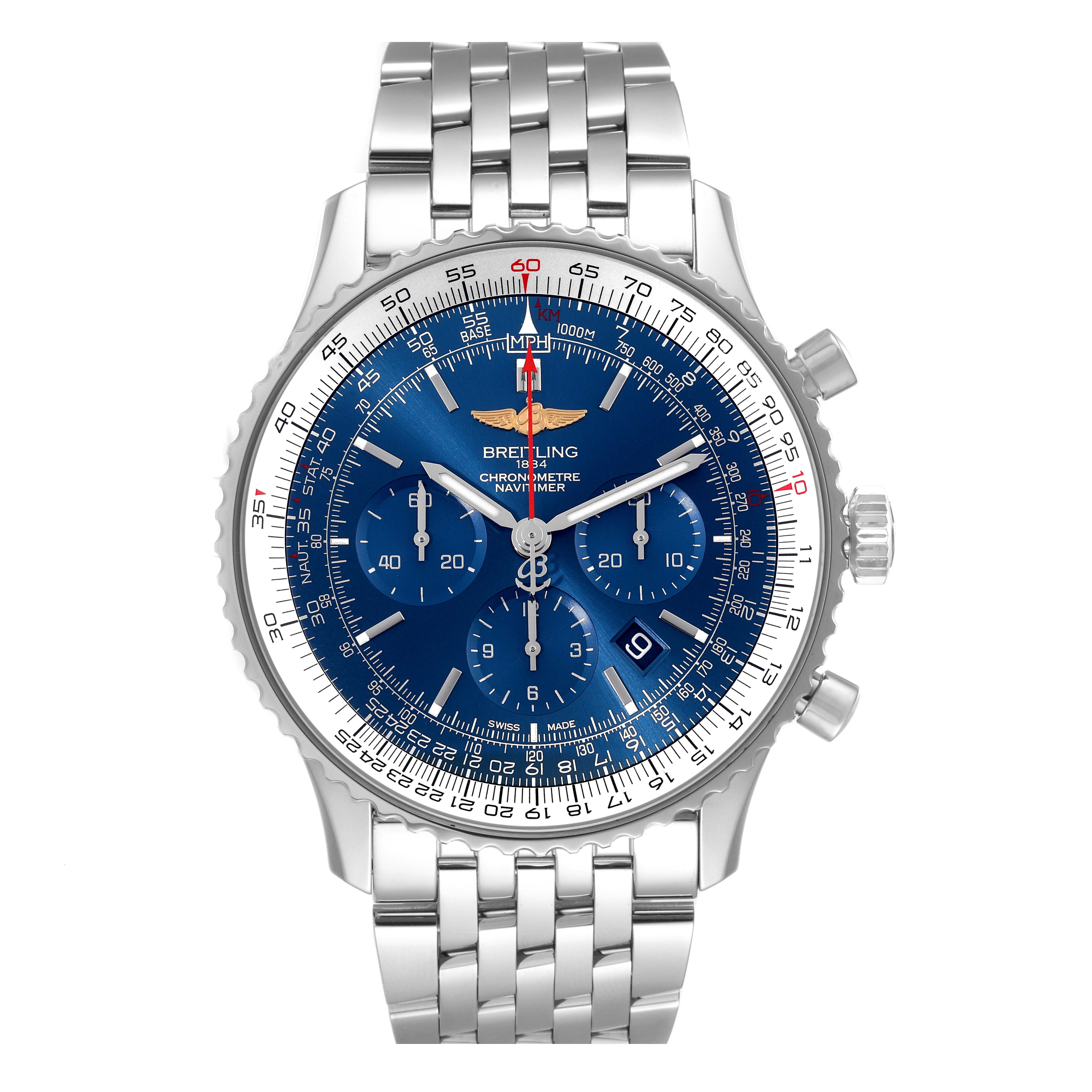 This image shows a front view of a Breitling Navitimer AB0127 Men's Stainless Steel Blue Dial AB0127 Men's Stainless Steel Blue Dial watch, highlighting its blue dial, chronograph subdials, and stainless steel bracelet.