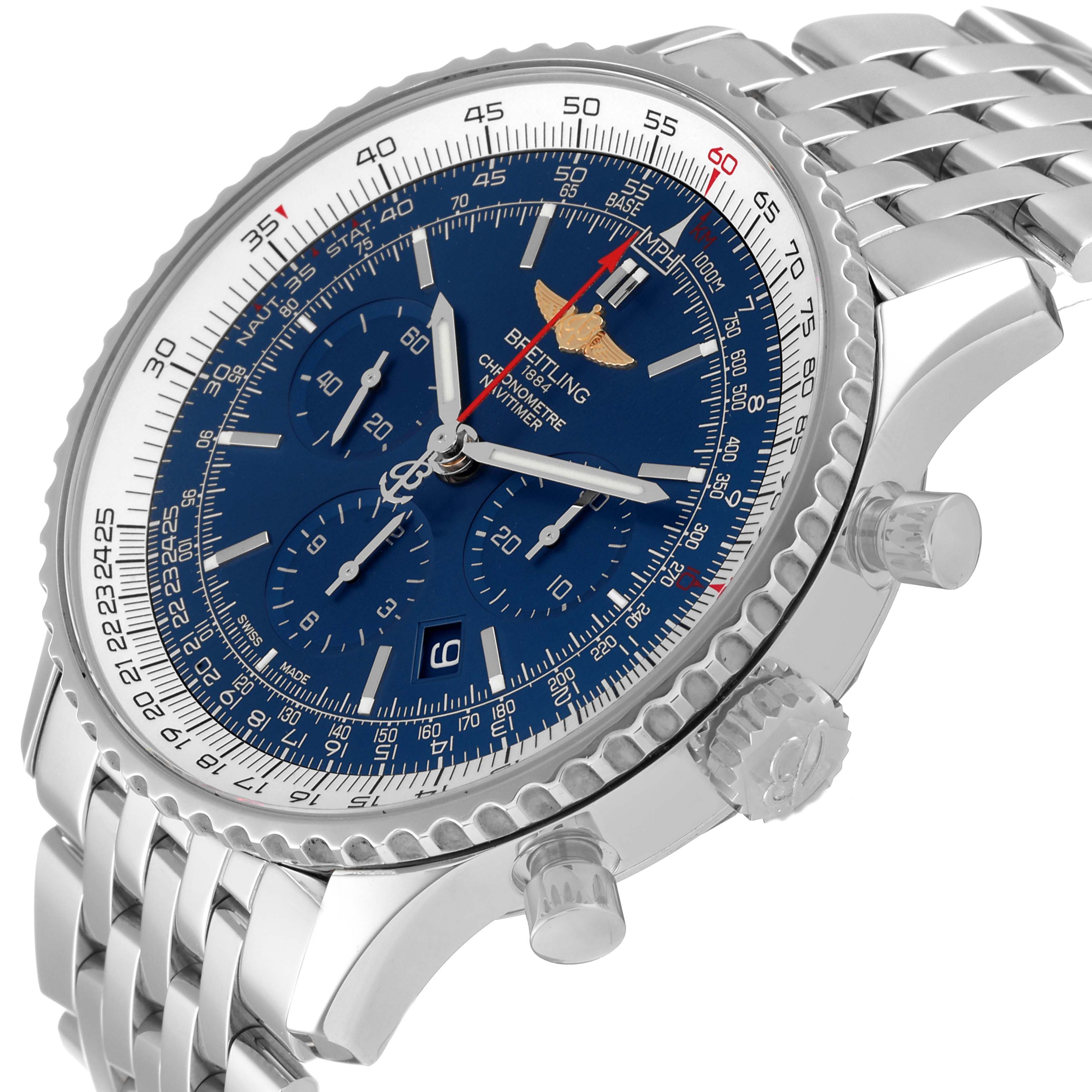The image shows a side-angle view of a Breitling Navitimer AB0127 Men's Stainless Steel Blue Dial AB0127 Men's Stainless Steel Blue Dial watch, highlighting its blue dial, chronograph features, and stainless steel bracelet.