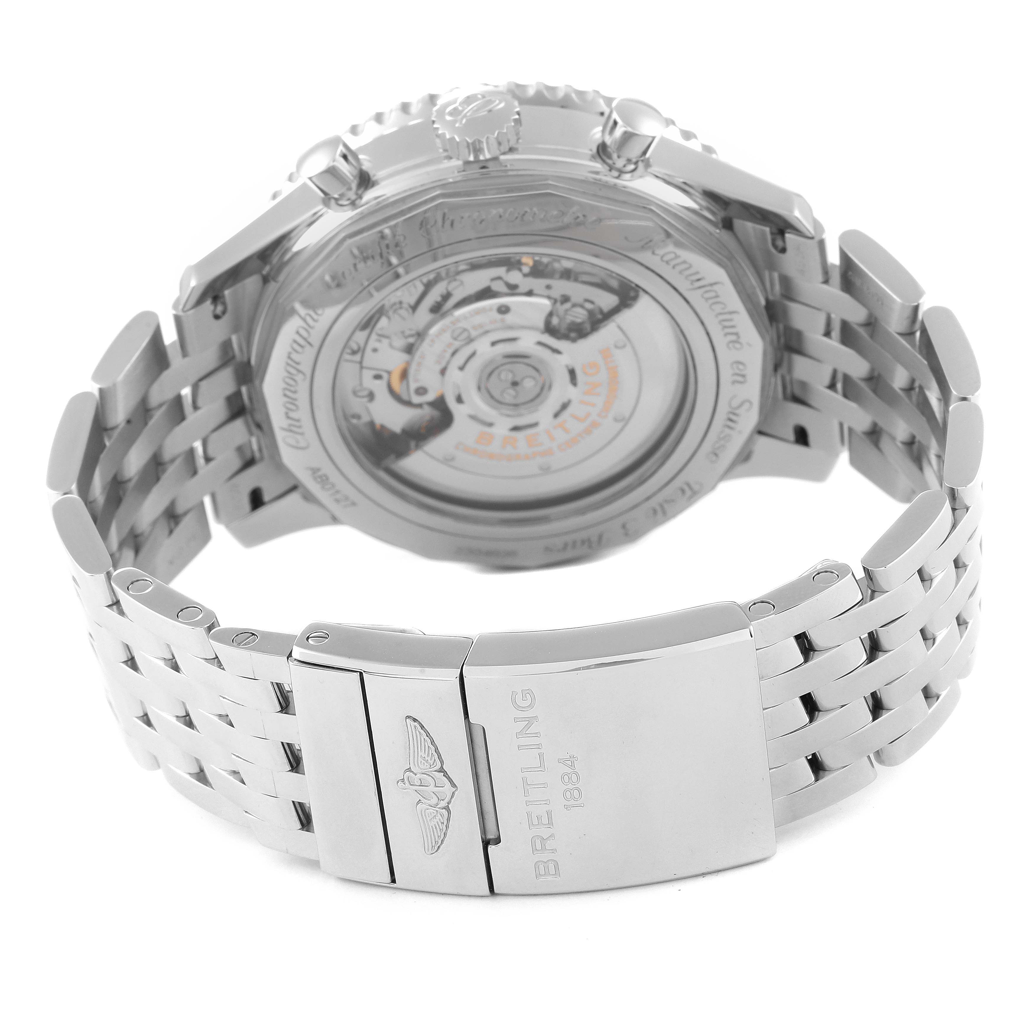 The image shows the back and bracelet of a Breitling Navitimer AB0127 Men's Stainless Steel Blue Dial AB0127 Men's Stainless Steel Blue Dial watch, highlighting the transparent case back and clasp.