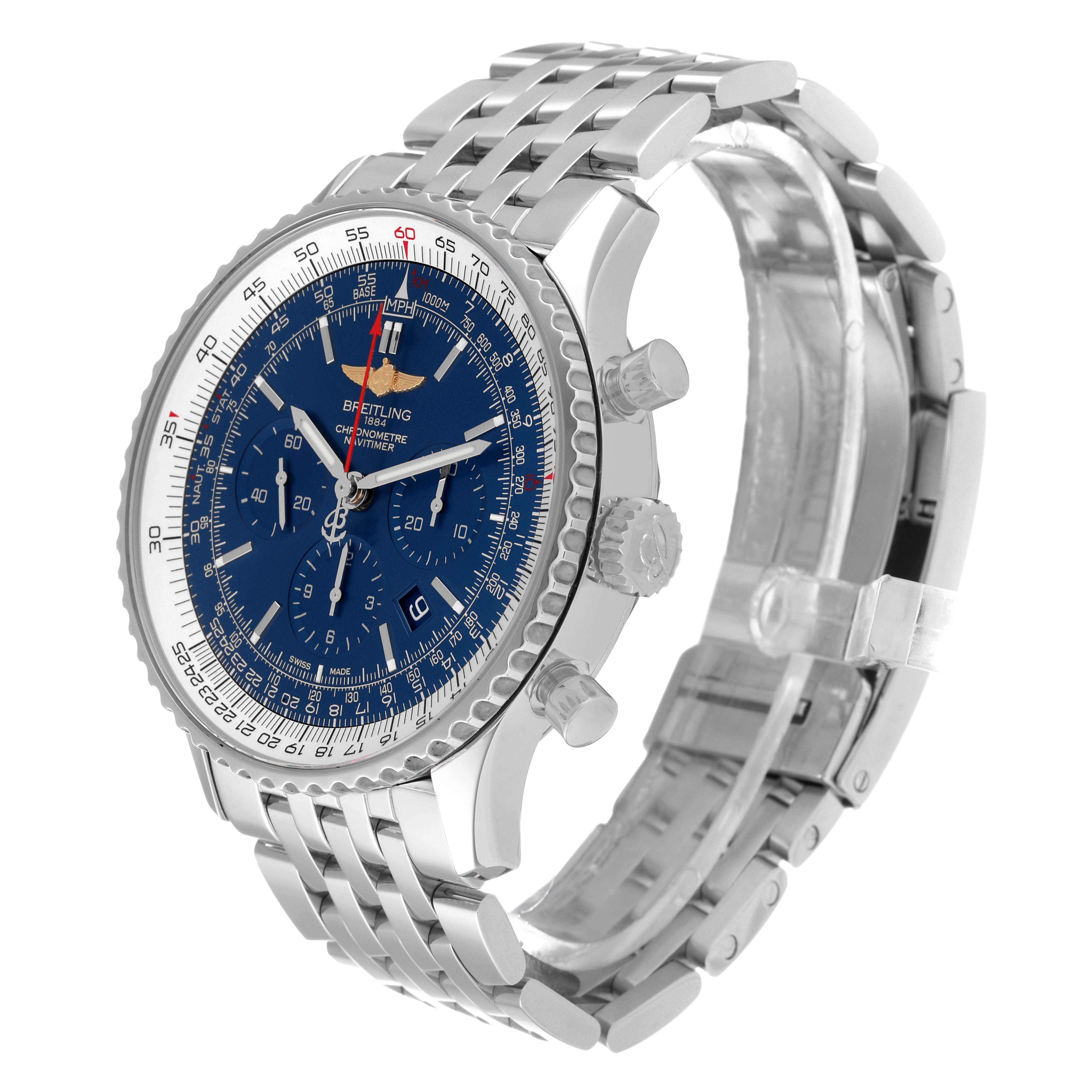 This image shows a side profile of the Breitling Navitimer AB0127 Men's Stainless Steel Blue Dial AB0127 Men's Stainless Steel Blue Dial watch, highlighting its face, bezel, pushers, crown, and bracelet.