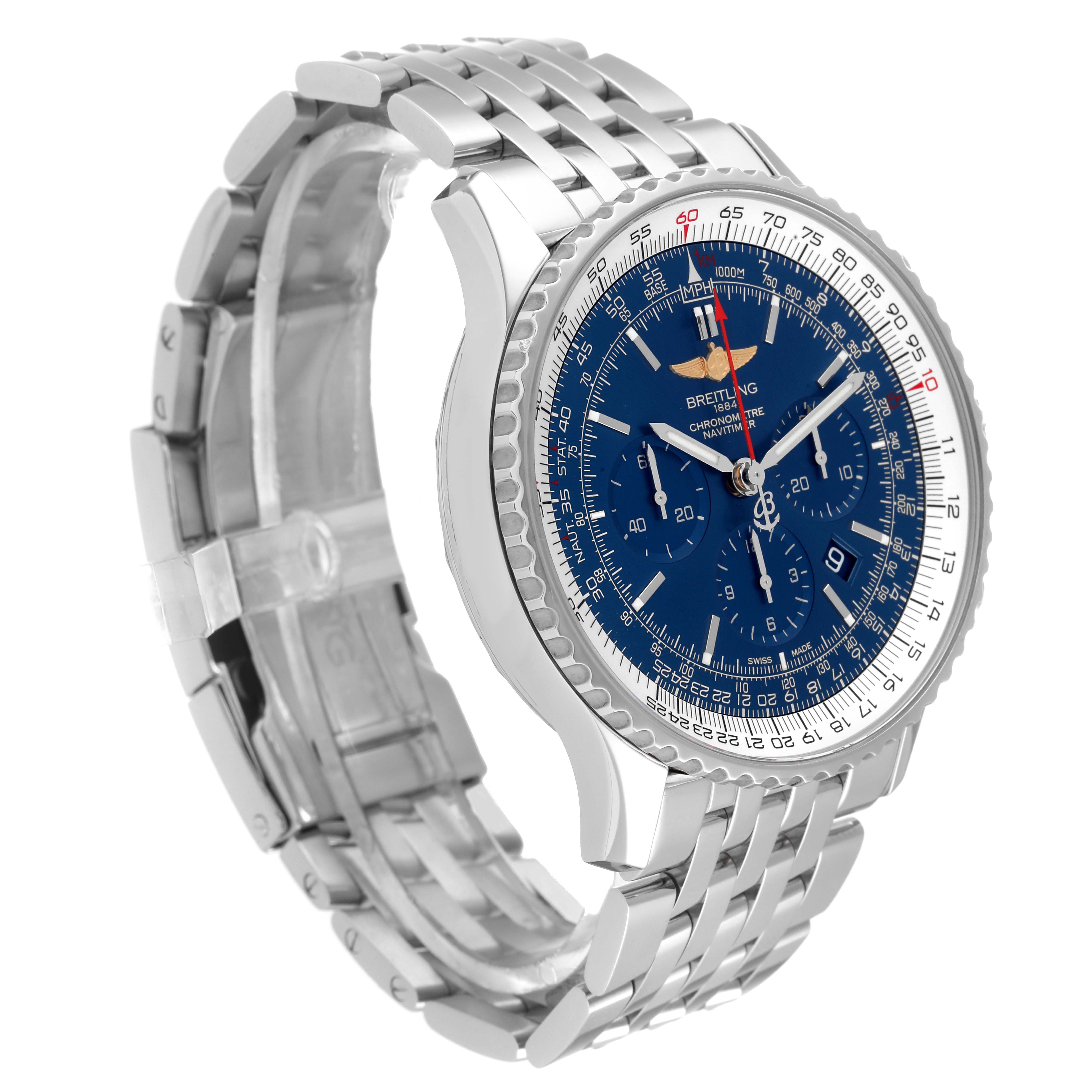 The image shows a side angle of a Breitling Navitimer AB0127 Men's Stainless Steel Blue Dial AB0127 Men's Stainless Steel Blue Dial watch, highlighting its blue dial, bezel, and metal bracelet.