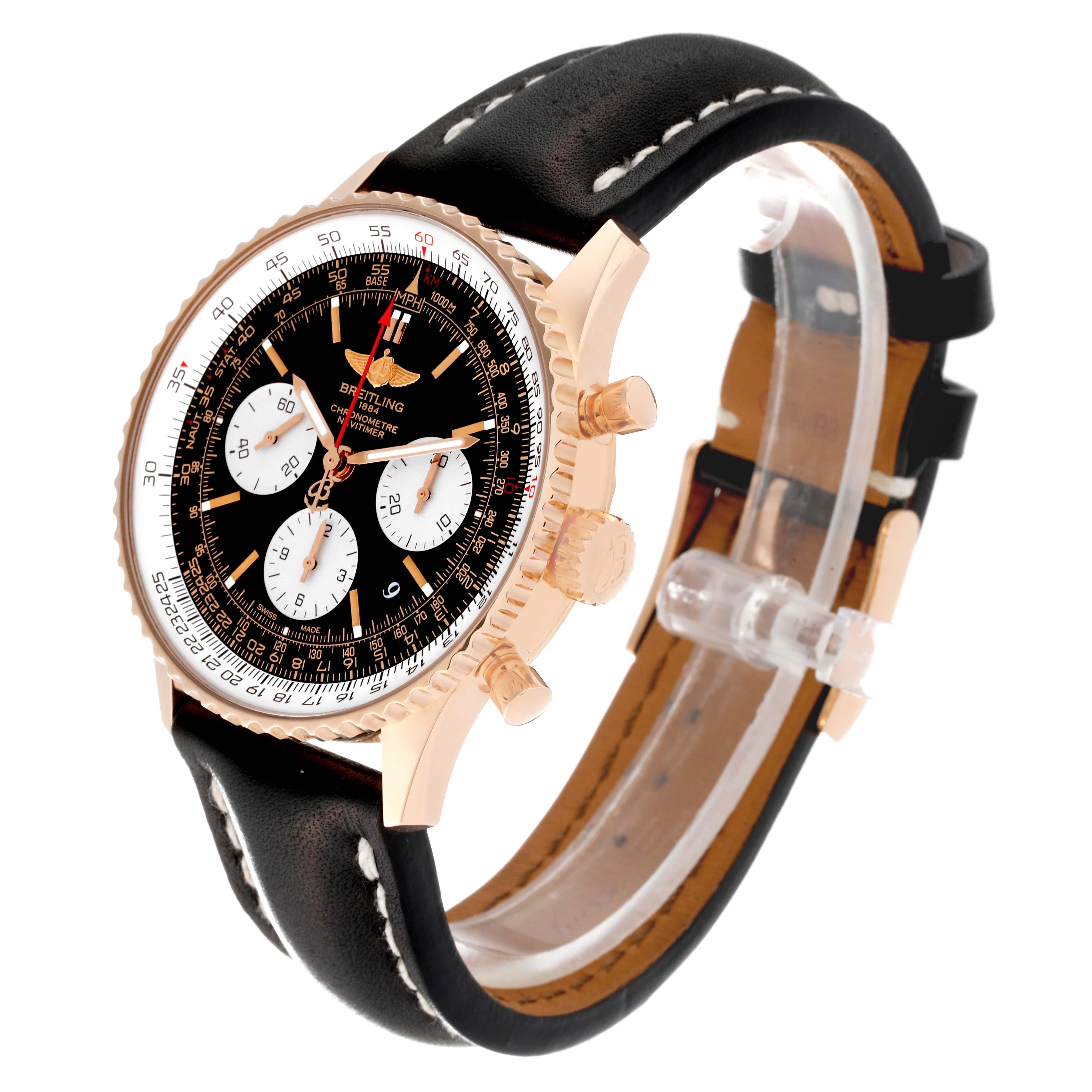 The image shows a side-angle view of a Breitling Navitimer RB0120 Men
s Rose Gold Black Dial RB0120 Men
s Rose Gold Black Dial watch, highlighting the face, bezel, crown, pushers, and leather strap.