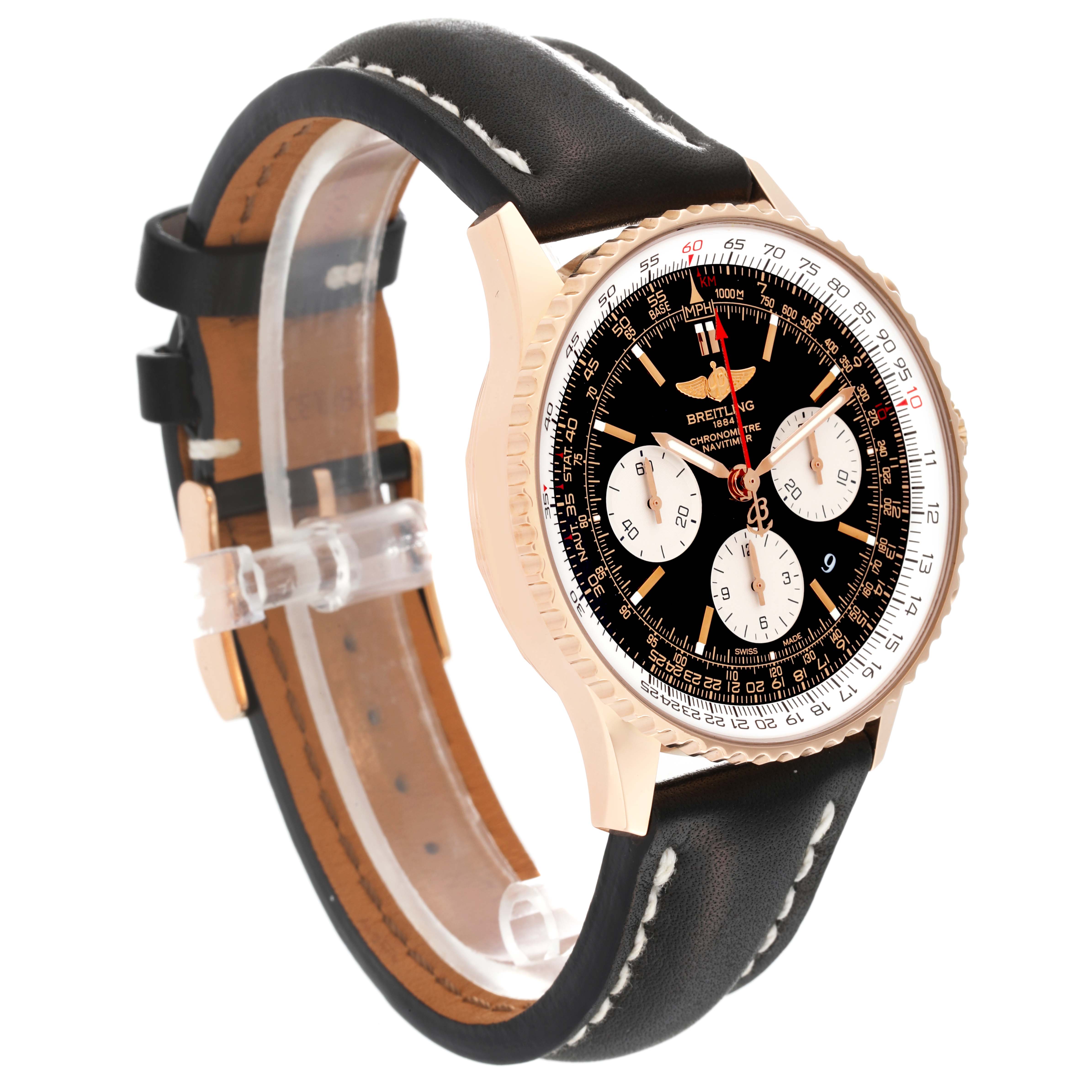 The image shows a Breitling Navitimer RB0120 Men
s Rose Gold Black Dial RB0120 Men
s Rose Gold Black Dial watch from a side angle, highlighting the black leather strap and detailed dial.