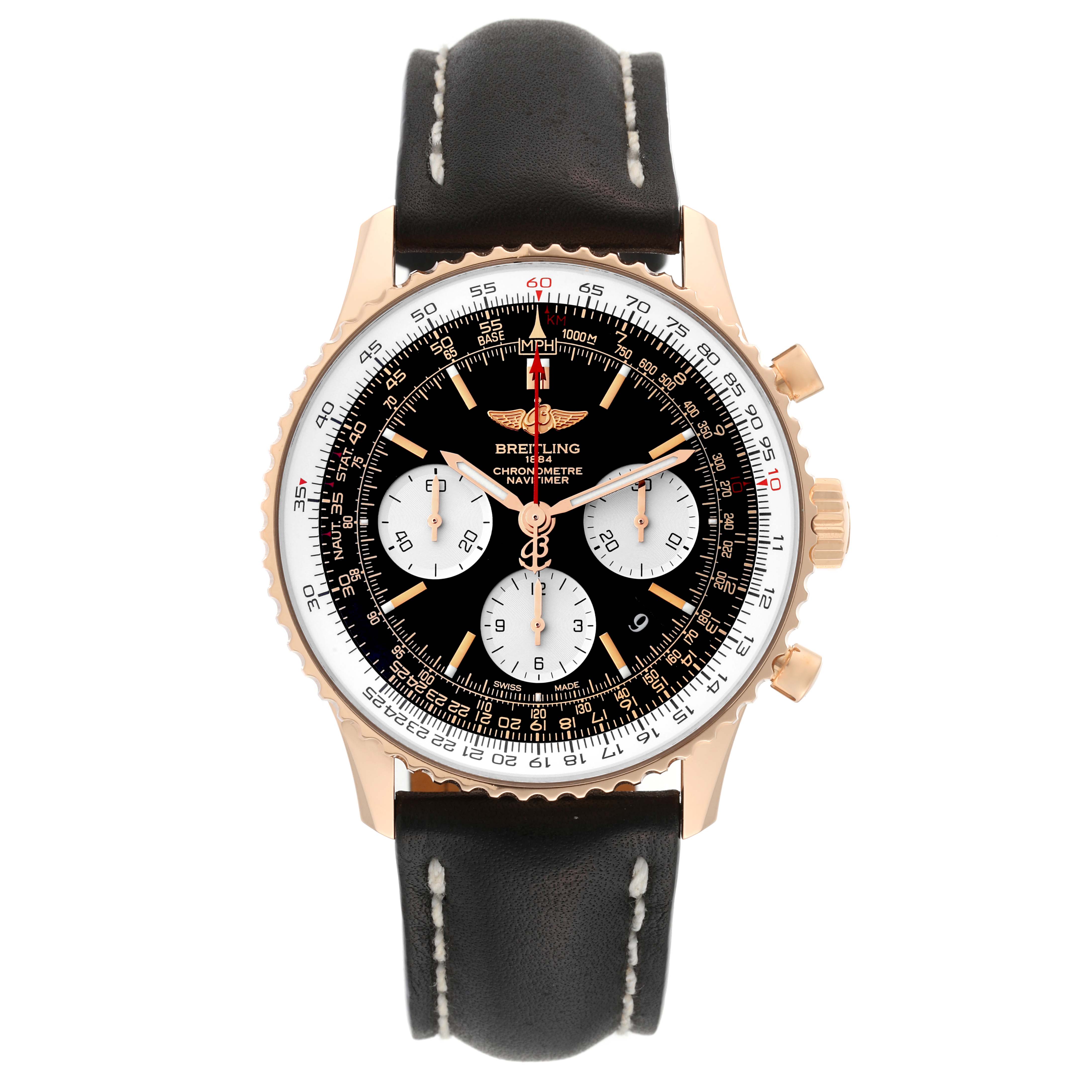 The Breitling Navitimer RB0120 Men
s Rose Gold Black Dial RB0120 Men
s Rose Gold Black Dial watch is shown from a front angle, highlighting the dial, bezel, and leather strap.