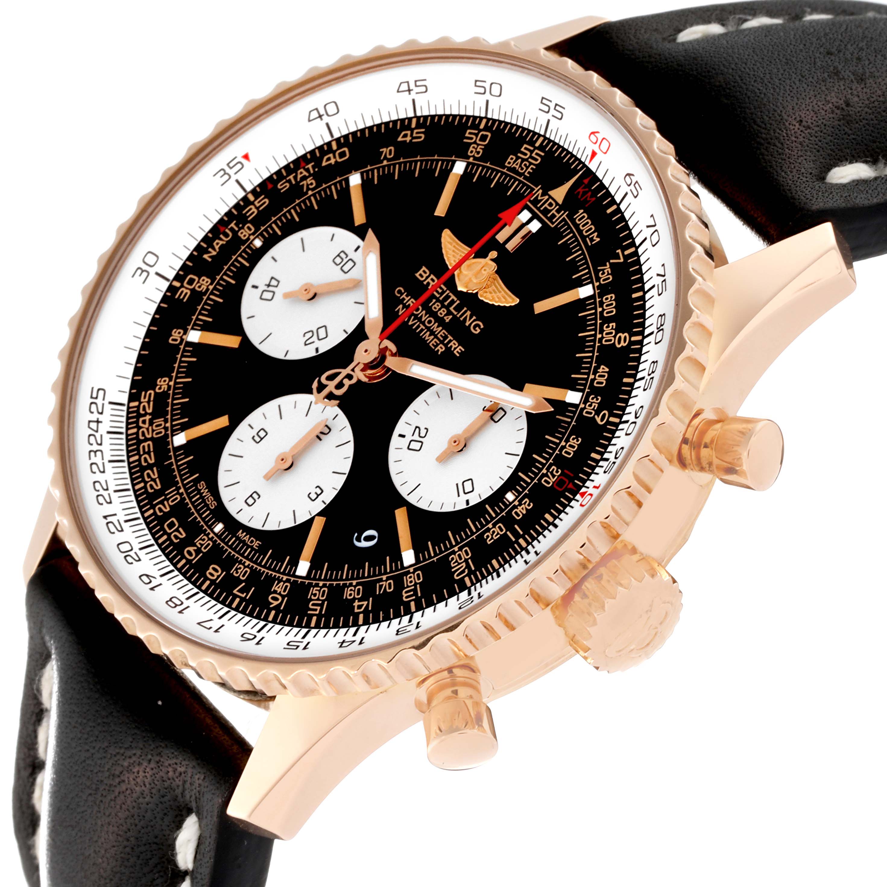 The image shows a side and partial front angle of the Breitling Navitimer RB0120 Men
s Rose Gold Black Dial RB0120 Men
s Rose Gold Black Dial model, highlighting its bezel, dial, and strap.