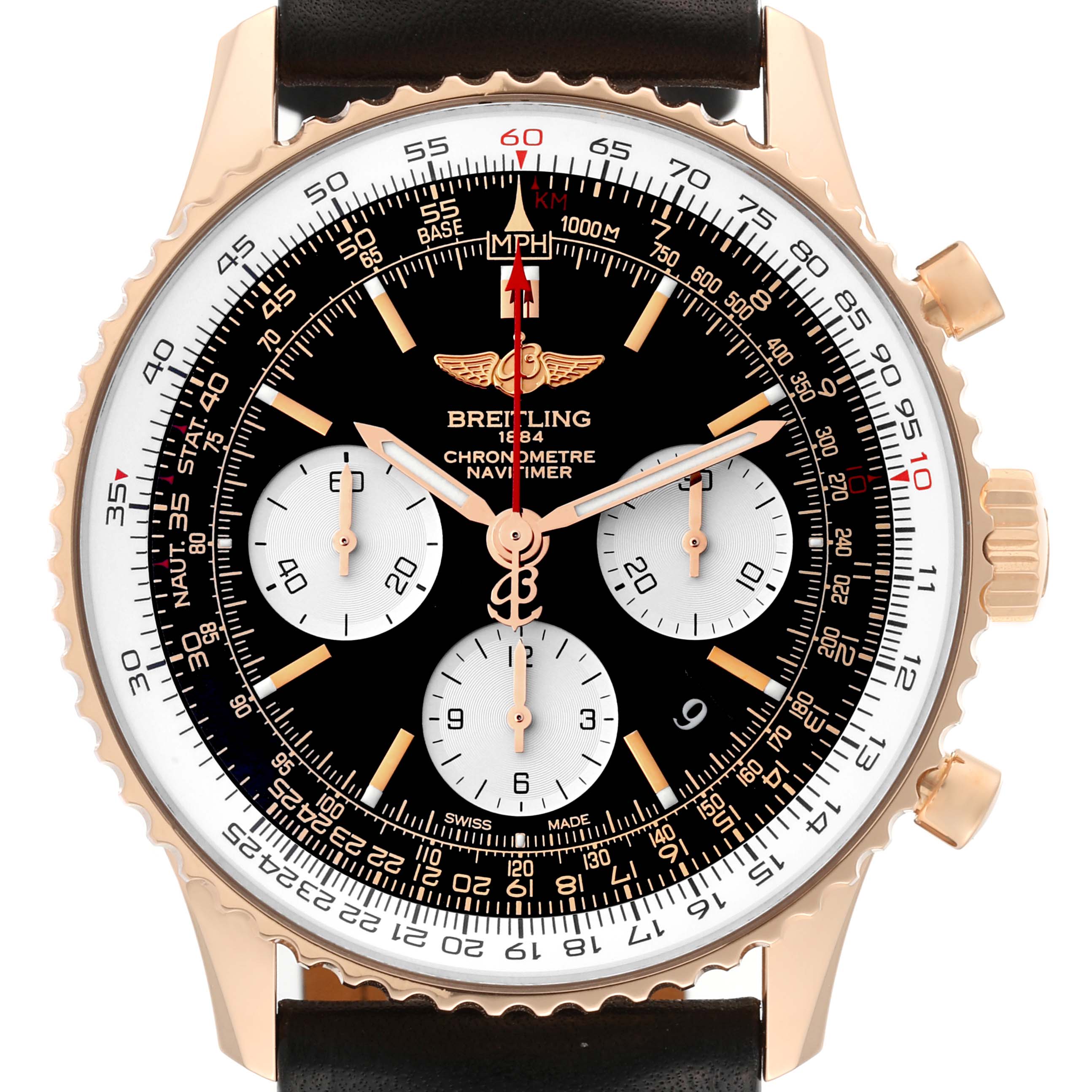 This image shows a front view of the Breitling Navitimer RB0120 Men
s Rose Gold Black Dial RB0120 Men
s Rose Gold Black Dial watch, highlighting the dial, chronograph sub-dials, bezel, and straps.