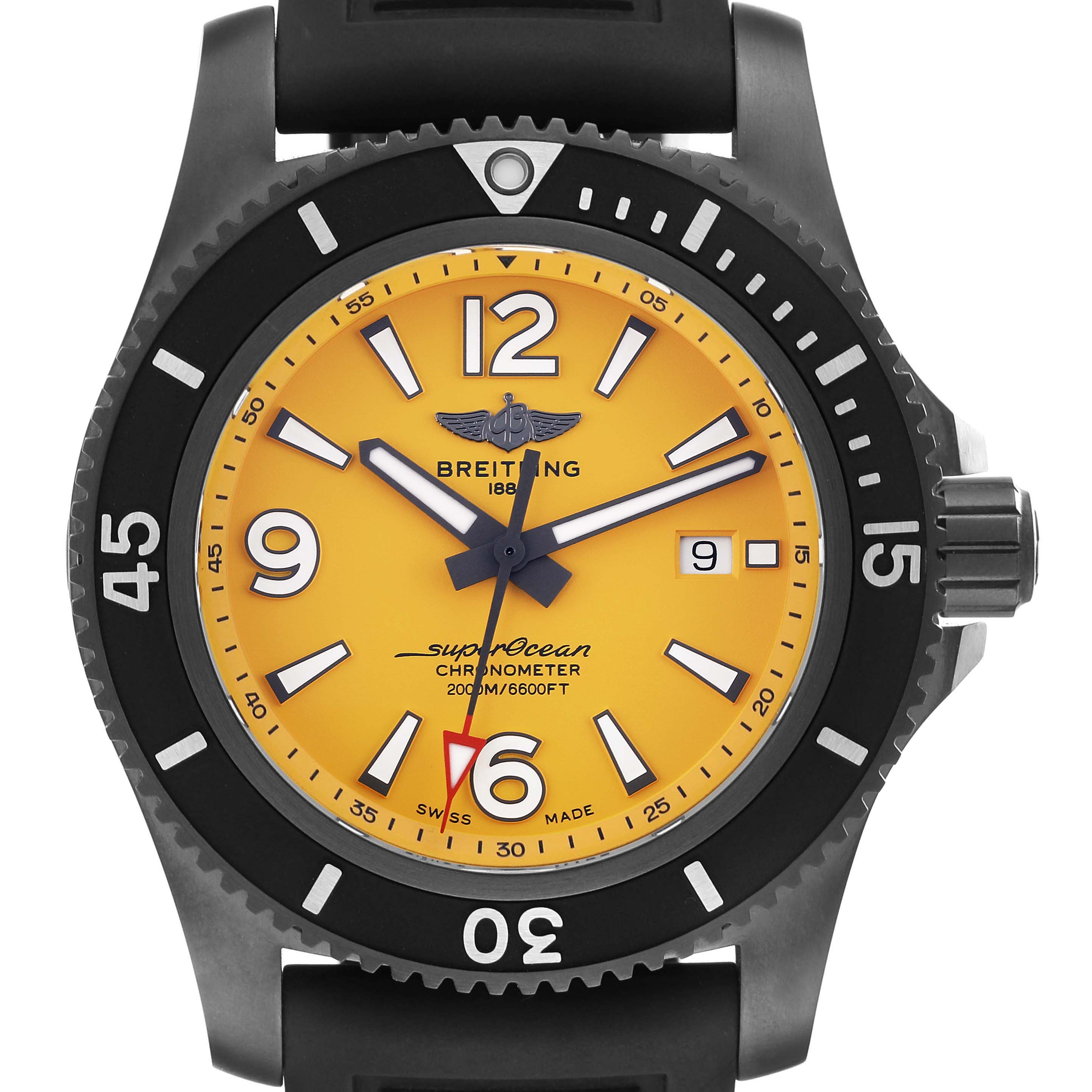 The Breitling Superocean M17368 Men's Stainless Steel Yellow Dial watch is shown from the front, highlighting the dial, bezel, and strap attachment.