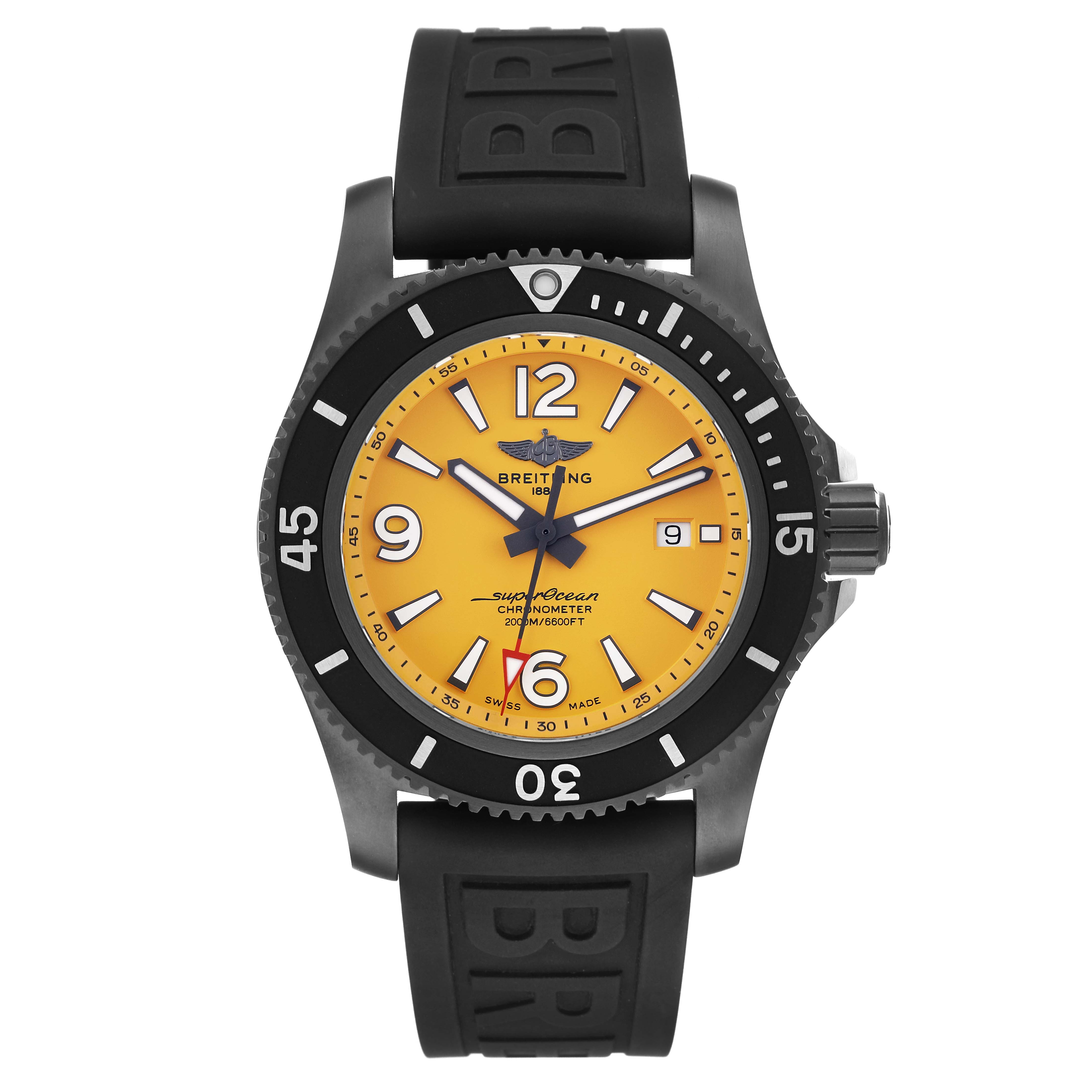 The Breitling Superocean M17368 Men's Stainless Steel Yellow Dial watch is shown from the front, displaying the face, bezel, and rubber strap.
