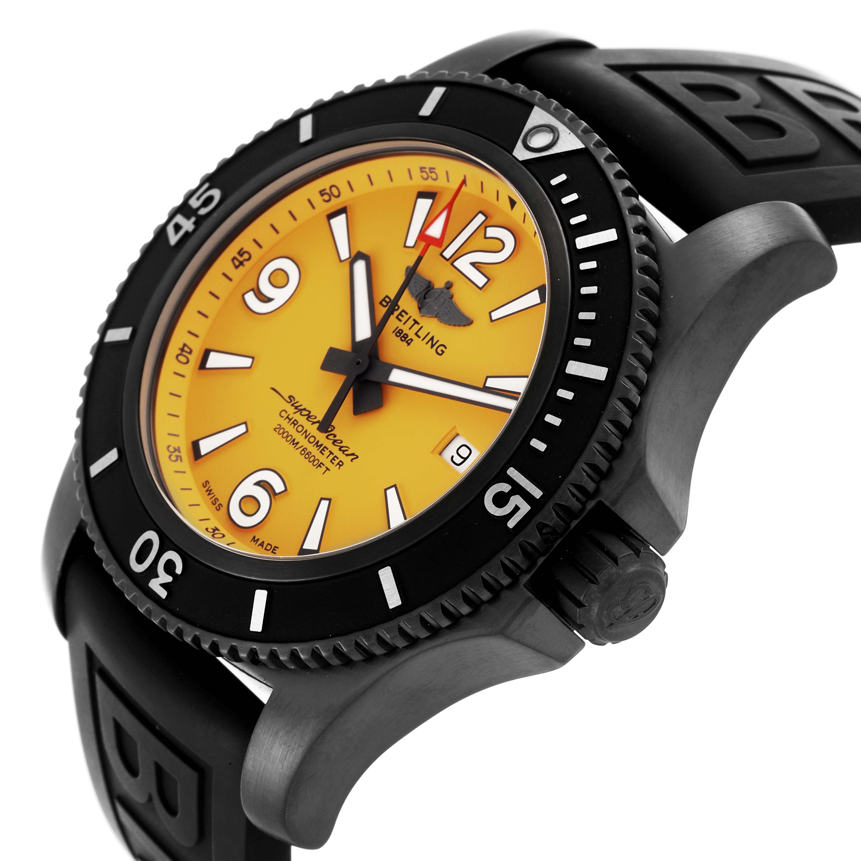 The Breitling Superocean M17368 Men's Stainless Steel Yellow Dial watch is shown from a three-quarter angle, highlighting the dial, bezel, and part of the strap.