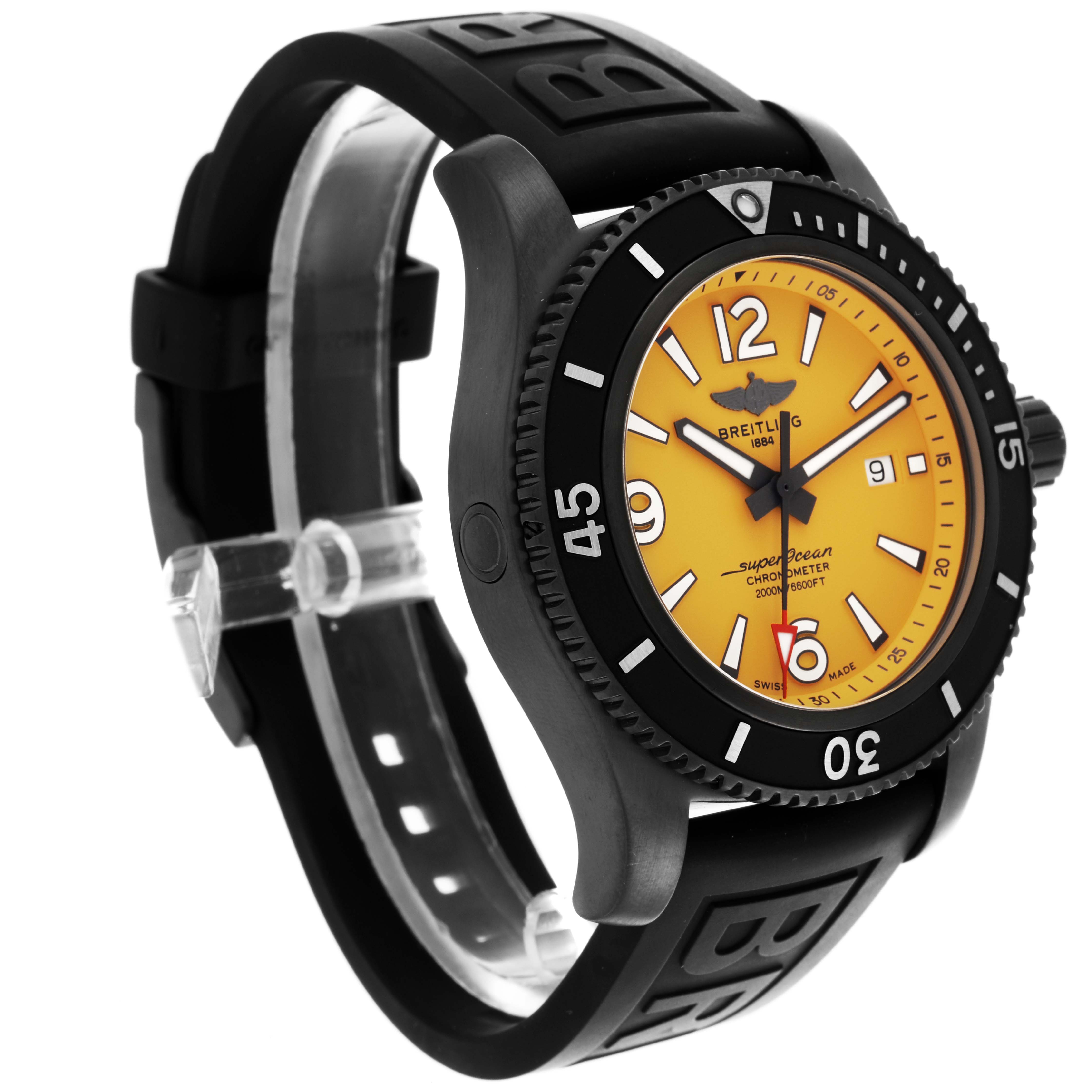 The Breitling Superocean M17368 Men's Stainless Steel Yellow Dial watch is shown from a side angle, highlighting the dial, bezel, and rubber strap.