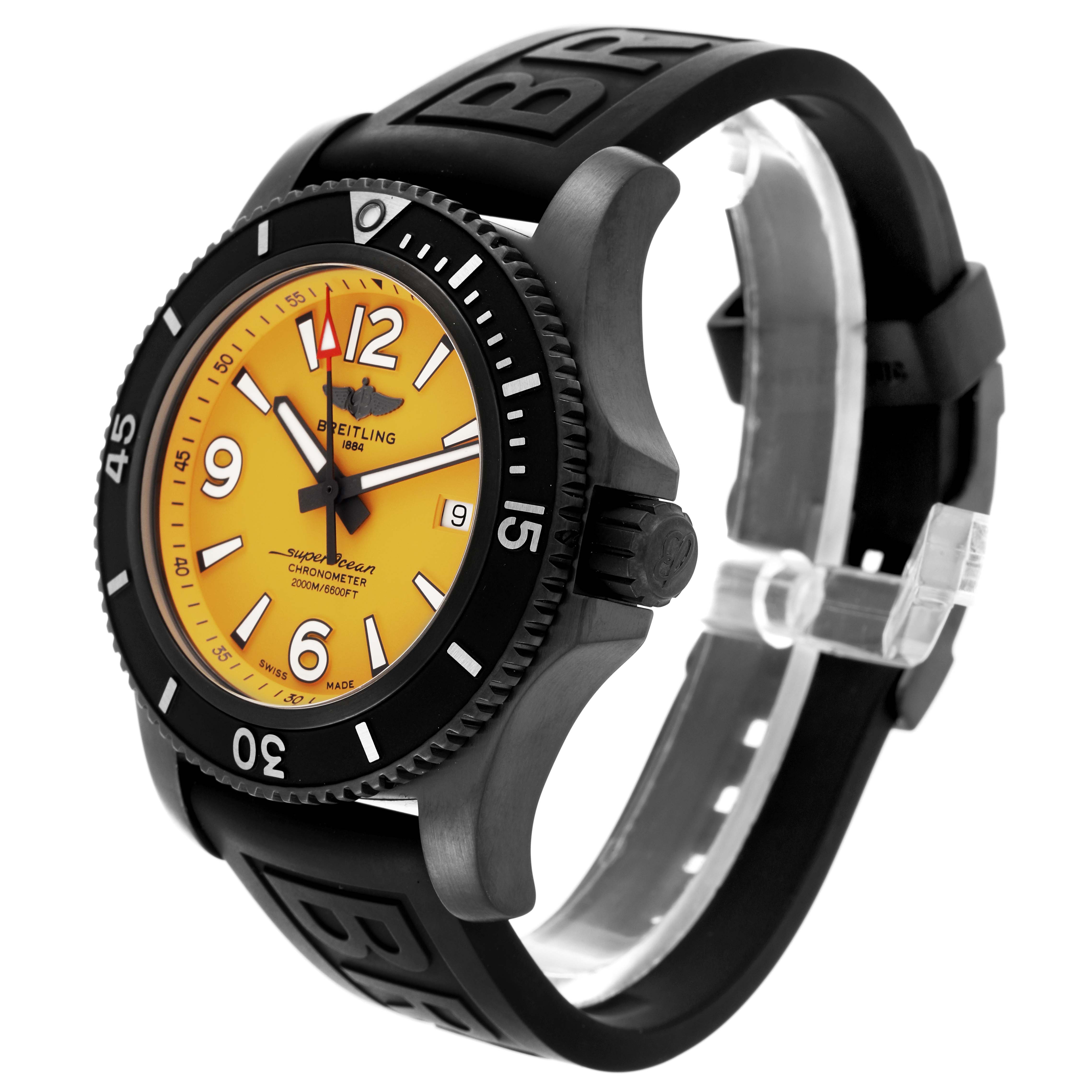 The Breitling Superocean M17368 Men's Stainless Steel Yellow Dial watch is shown at an angled side view, highlighting the bezel, crown, and strap.