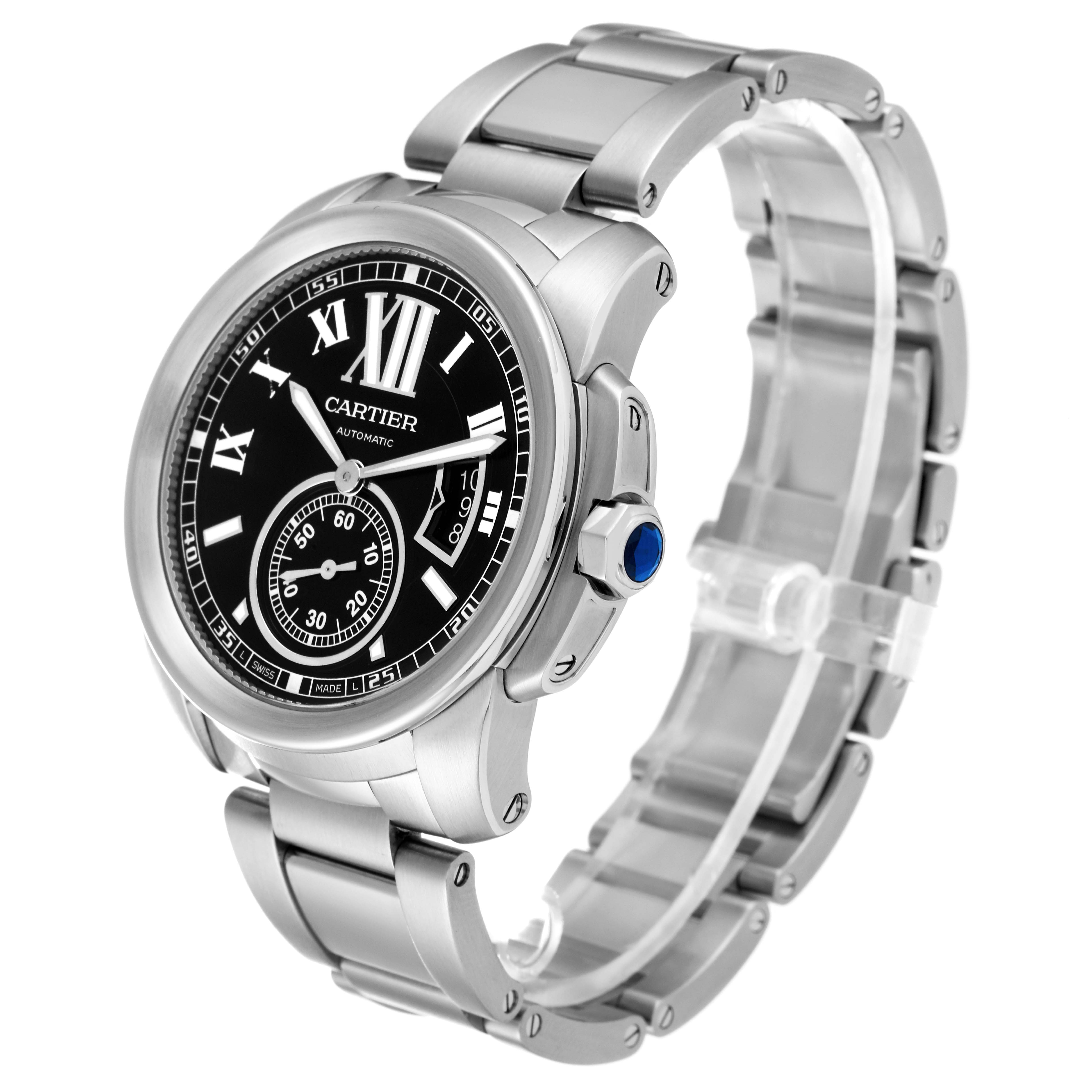 The image shows a side angle of the Calibre de Cartier watch by Cartier, highlighting the face, crown, and band.