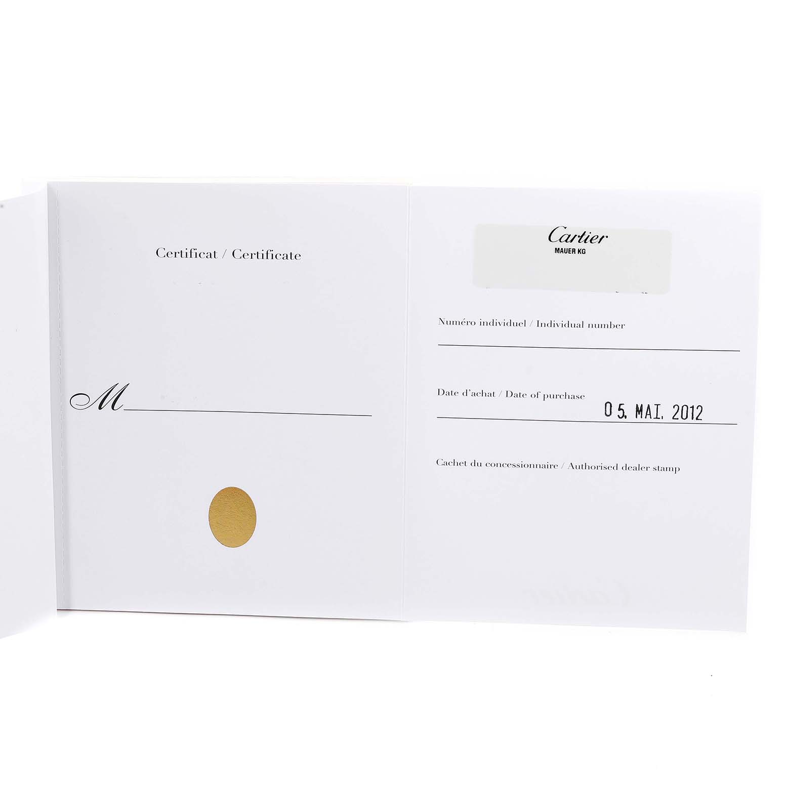 The image shows an open warranty certificate for the Calibre de Cartier model by Cartier, dated 05 May 2012.