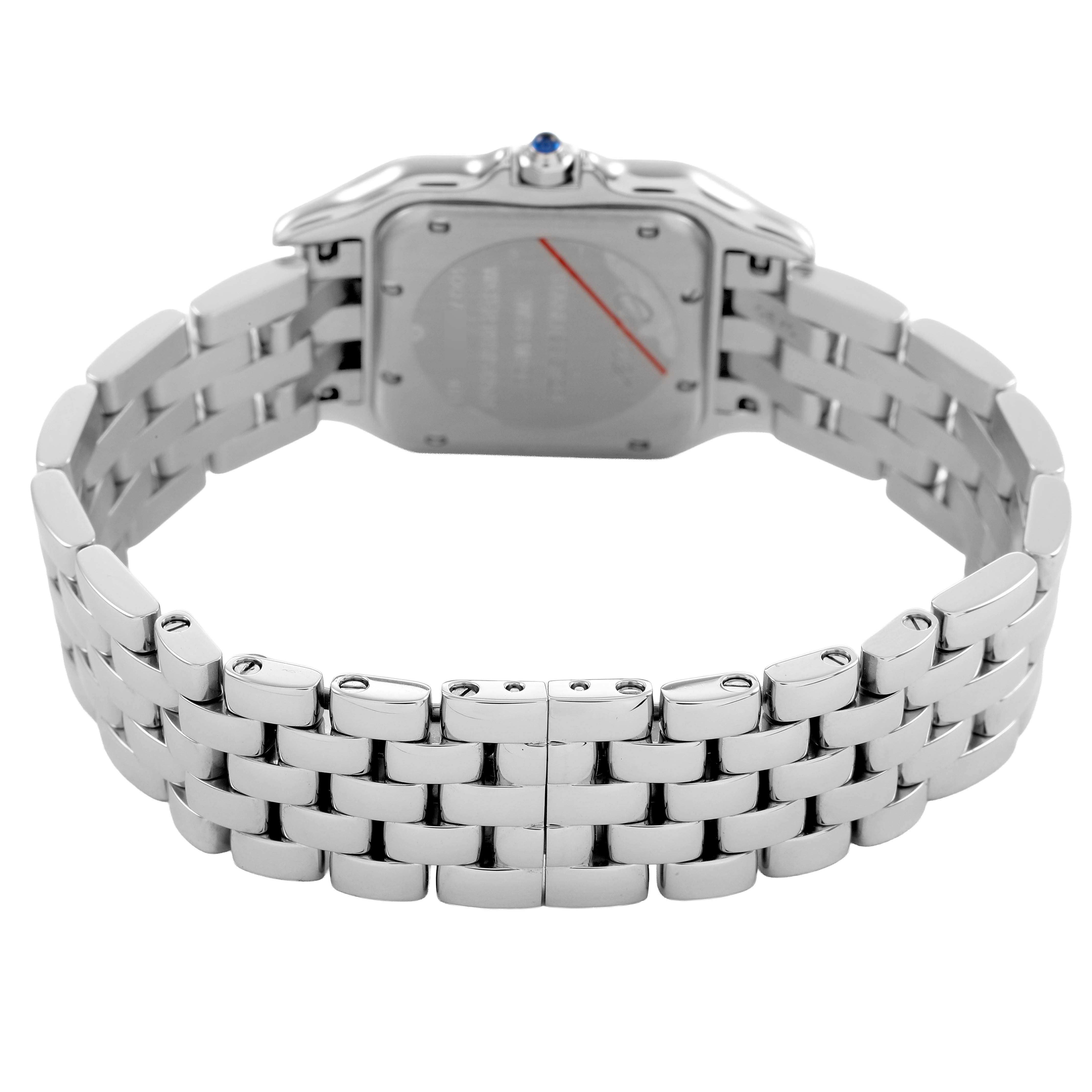The image shows the back and bracelet of the Cartier Panthère watch, highlighting its clasp and links.