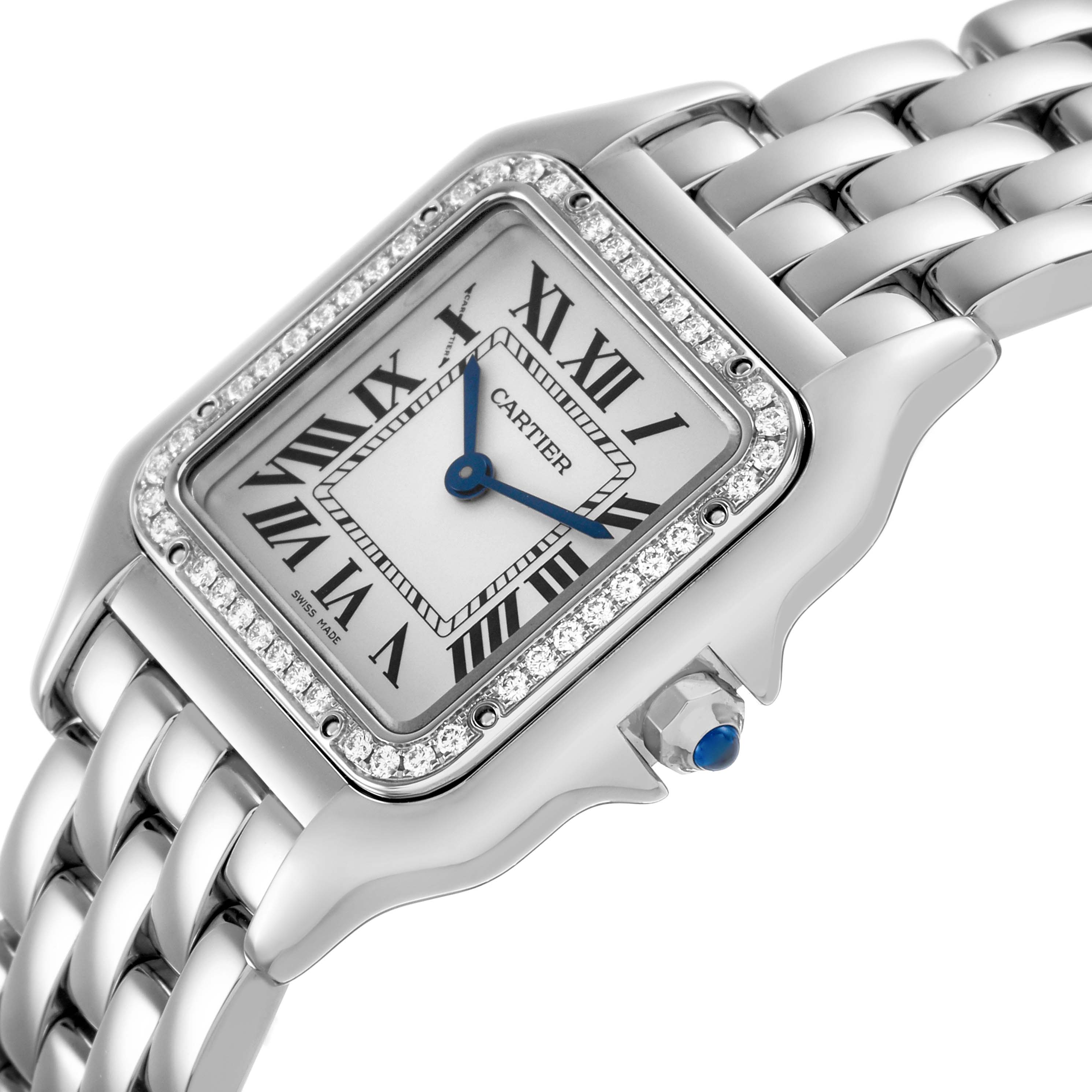 The Cartier Panthere W4PN0008 Women's Stainless Steel Silver Dial watch is shown at an angled view, highlighting its square face, diamond bezel, and metal link bracelet.