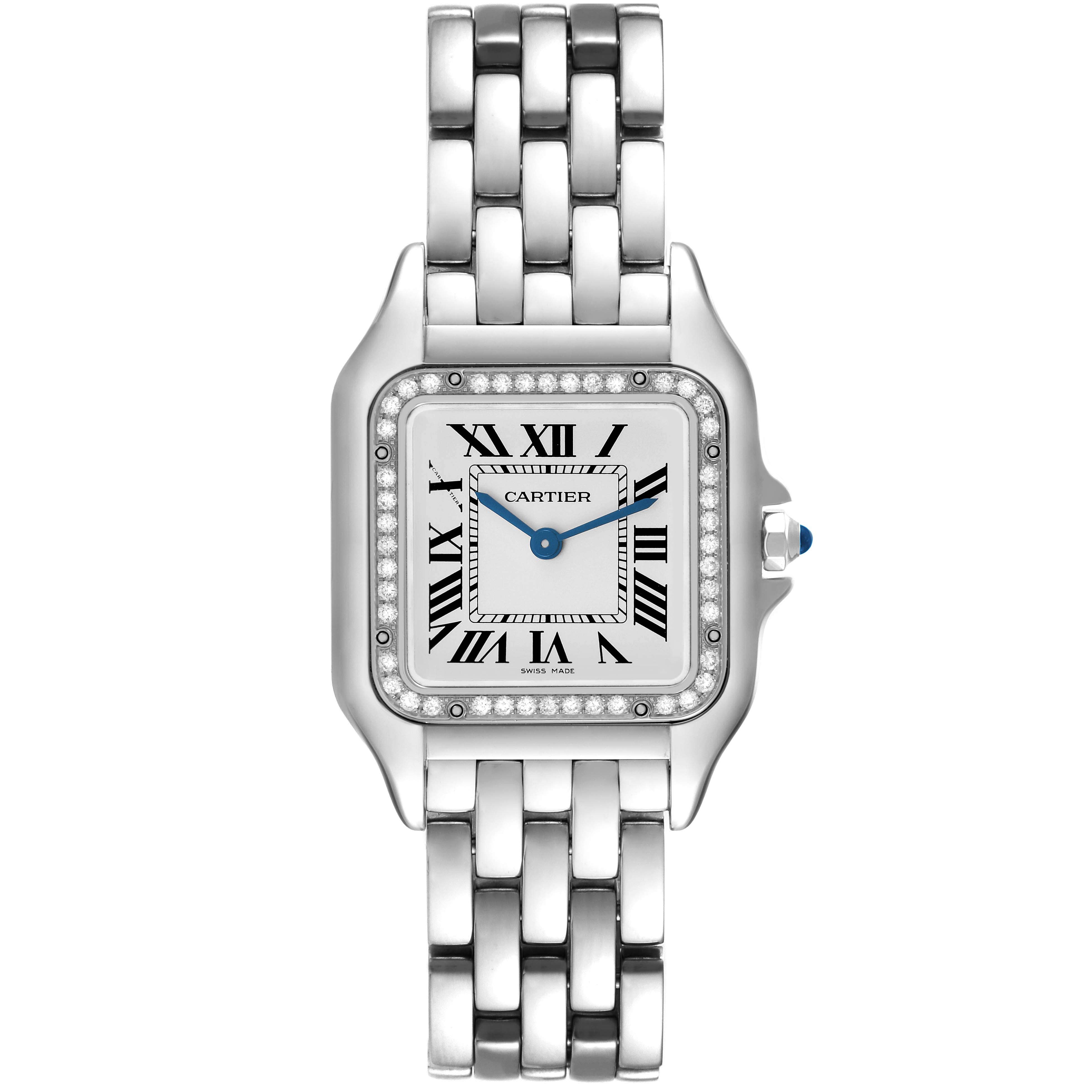 The Cartier Panthere W4PN0008 Women's Stainless Steel Silver Dial watch is shown from a front angle, highlighting the face, bezel, and stainless steel bracelet.